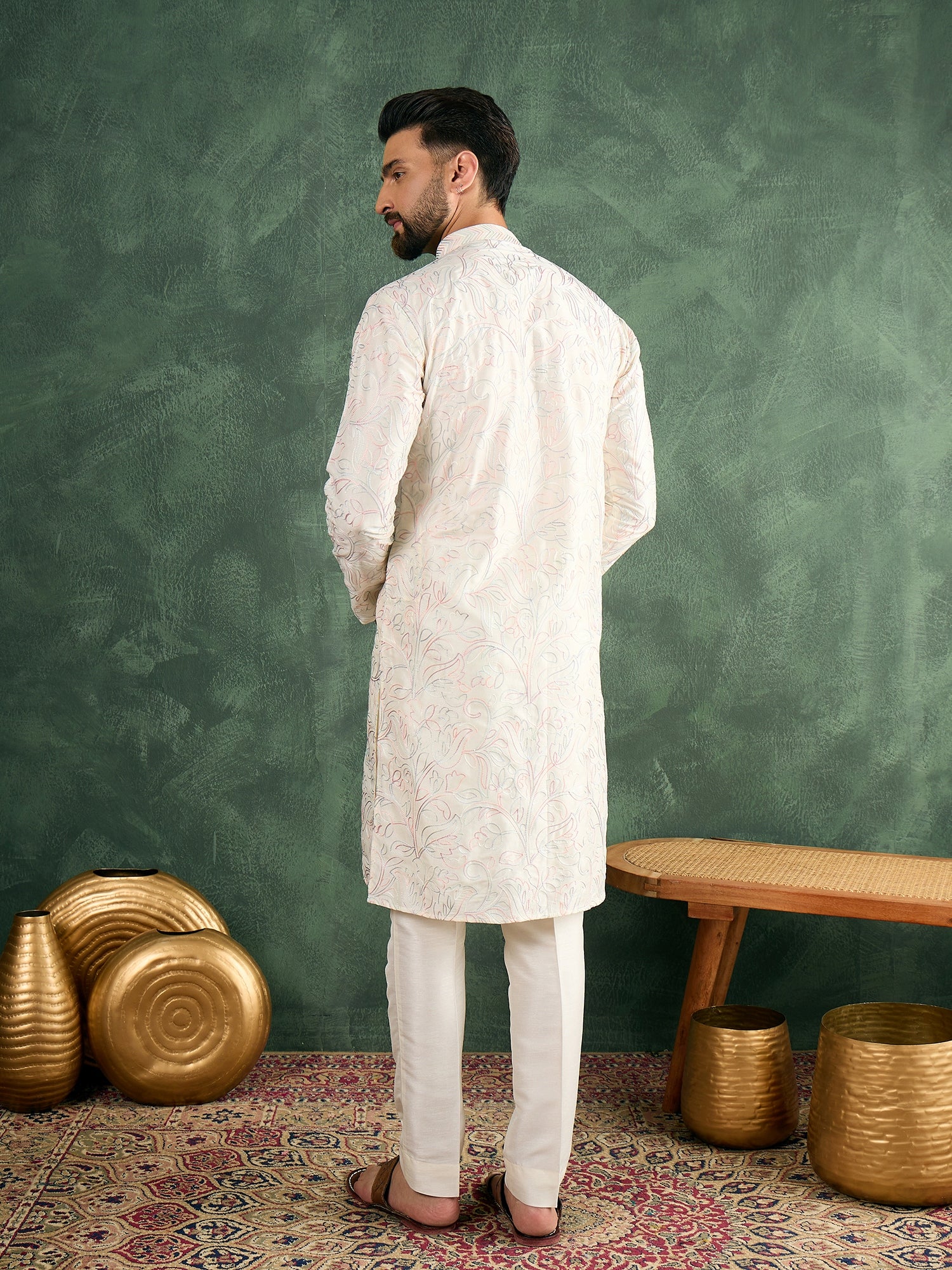 Cream Thread Embroidered Carnival Look Kurta Trouser Set