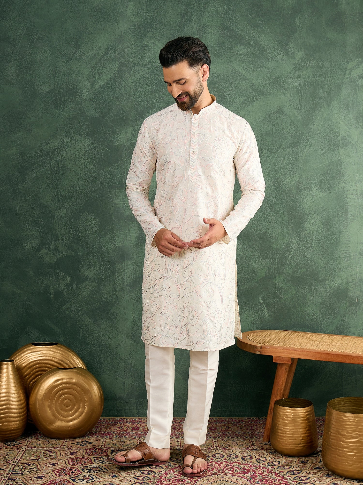 Cream Thread Embroidered Carnival Look Kurta Trouser Set
