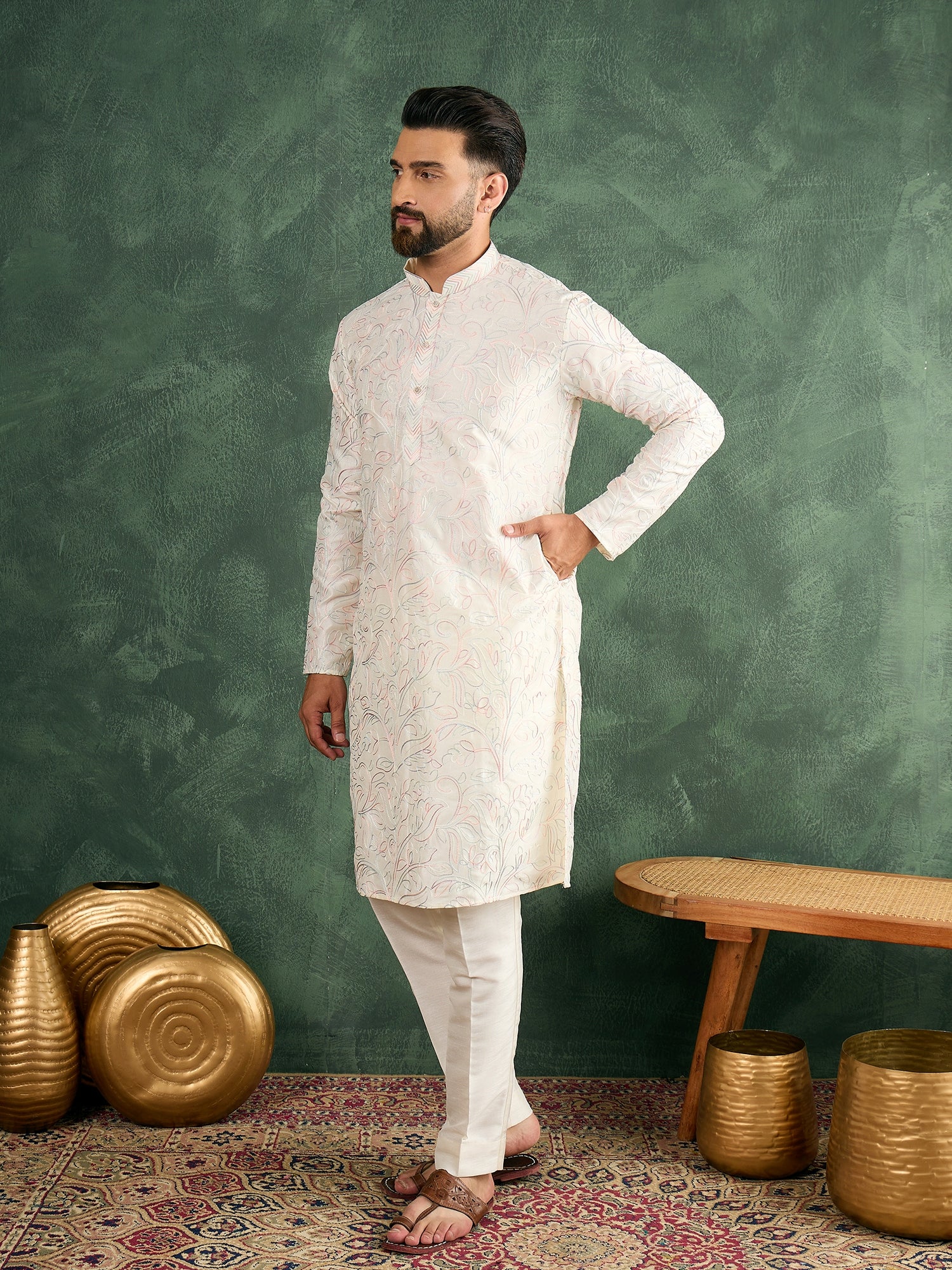 Cream Thread Embroidered Carnival Look Kurta Trouser Set