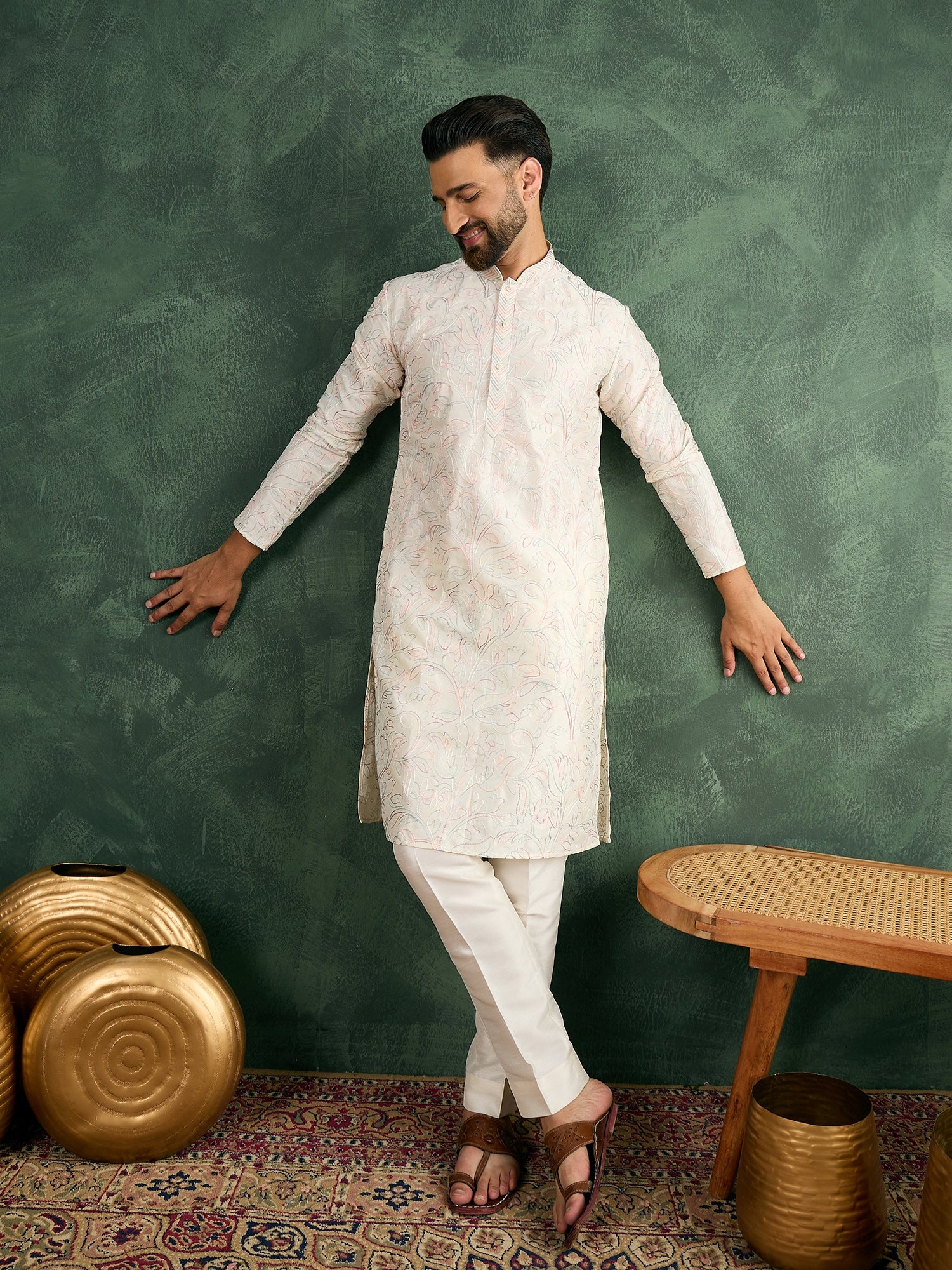 Cream Thread Embroidered Carnival Look Kurta Trouser Set