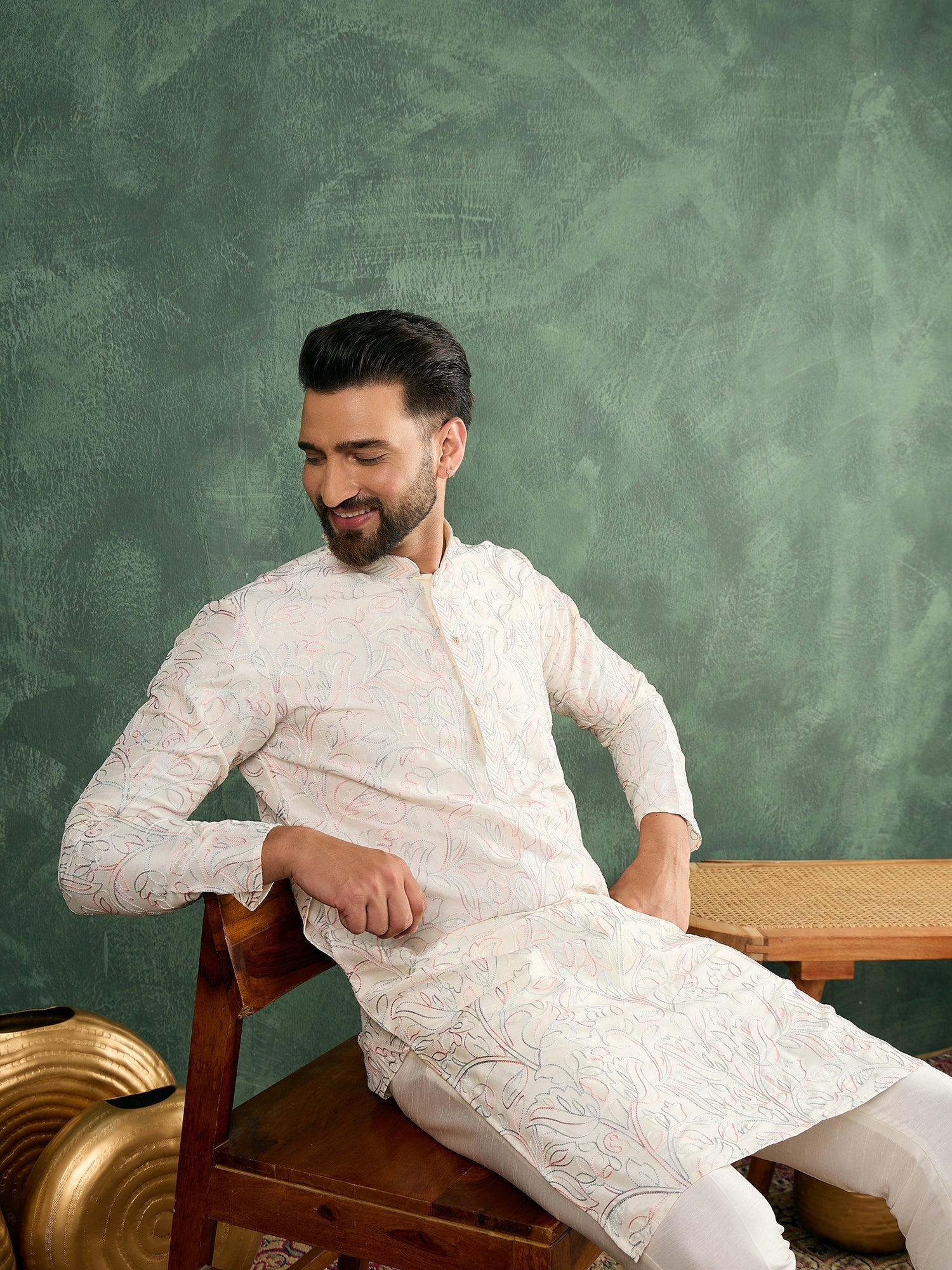 Cream Thread Embroidered Carnival Look Kurta Trouser Set