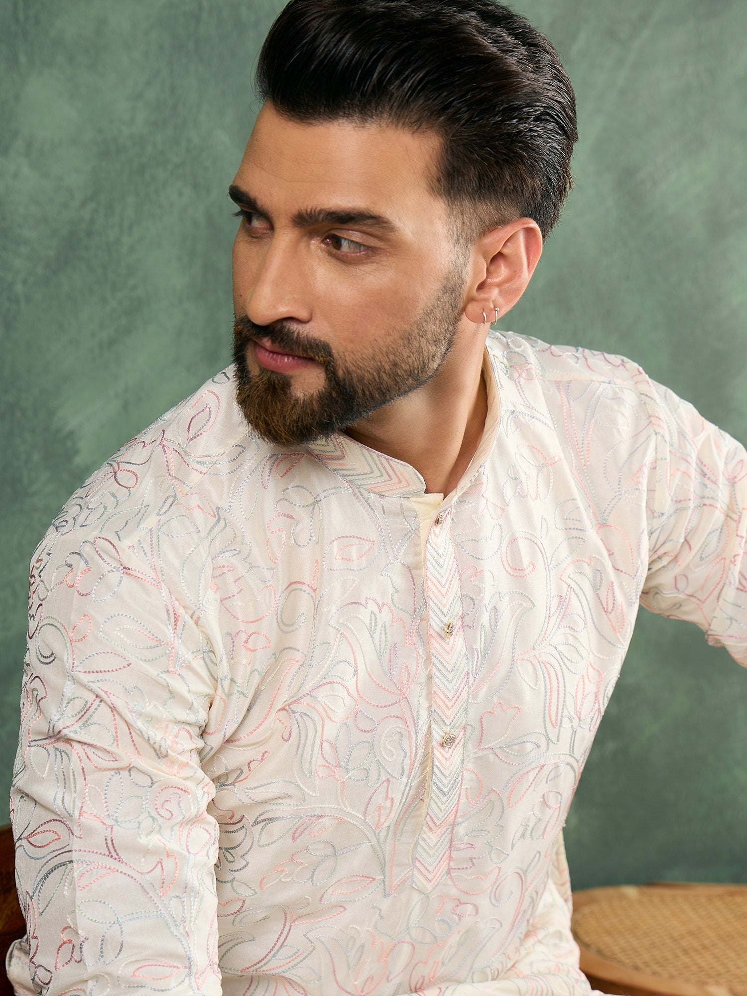 Cream Thread Embroidered Carnival Look Kurta Trouser Set