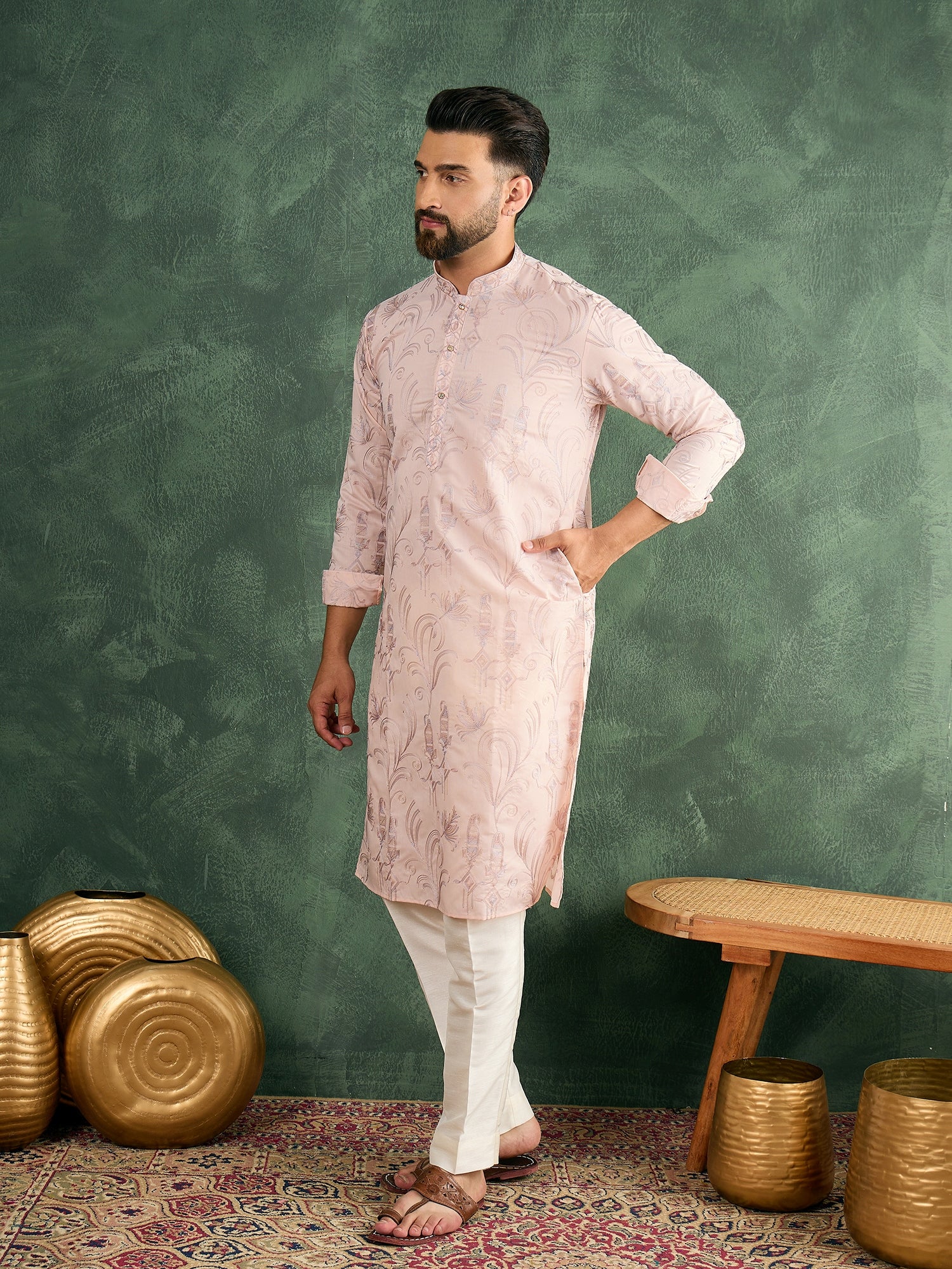 Men Pink Embroidered Carnival Look Kurta Trouser Set
