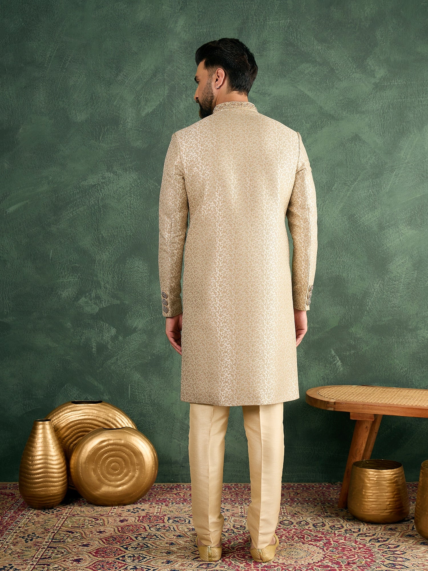 Men Cream Jaquard Sherwani Set