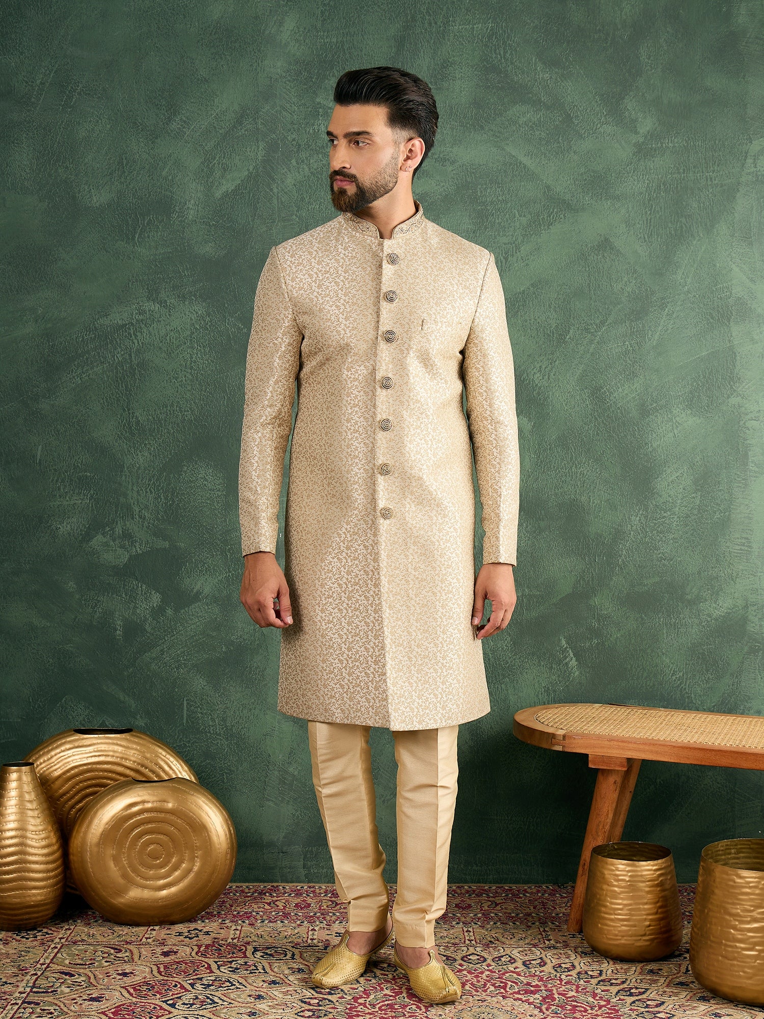 Men Cream Jaquard Sherwani Set