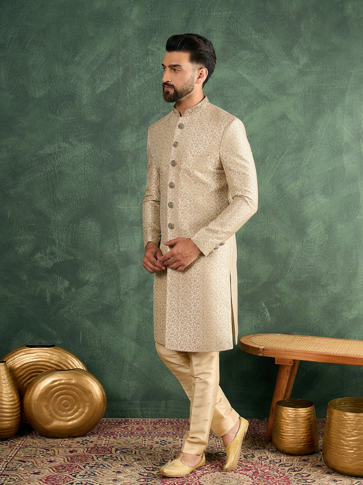 Men Cream Jaquard Sherwani Set