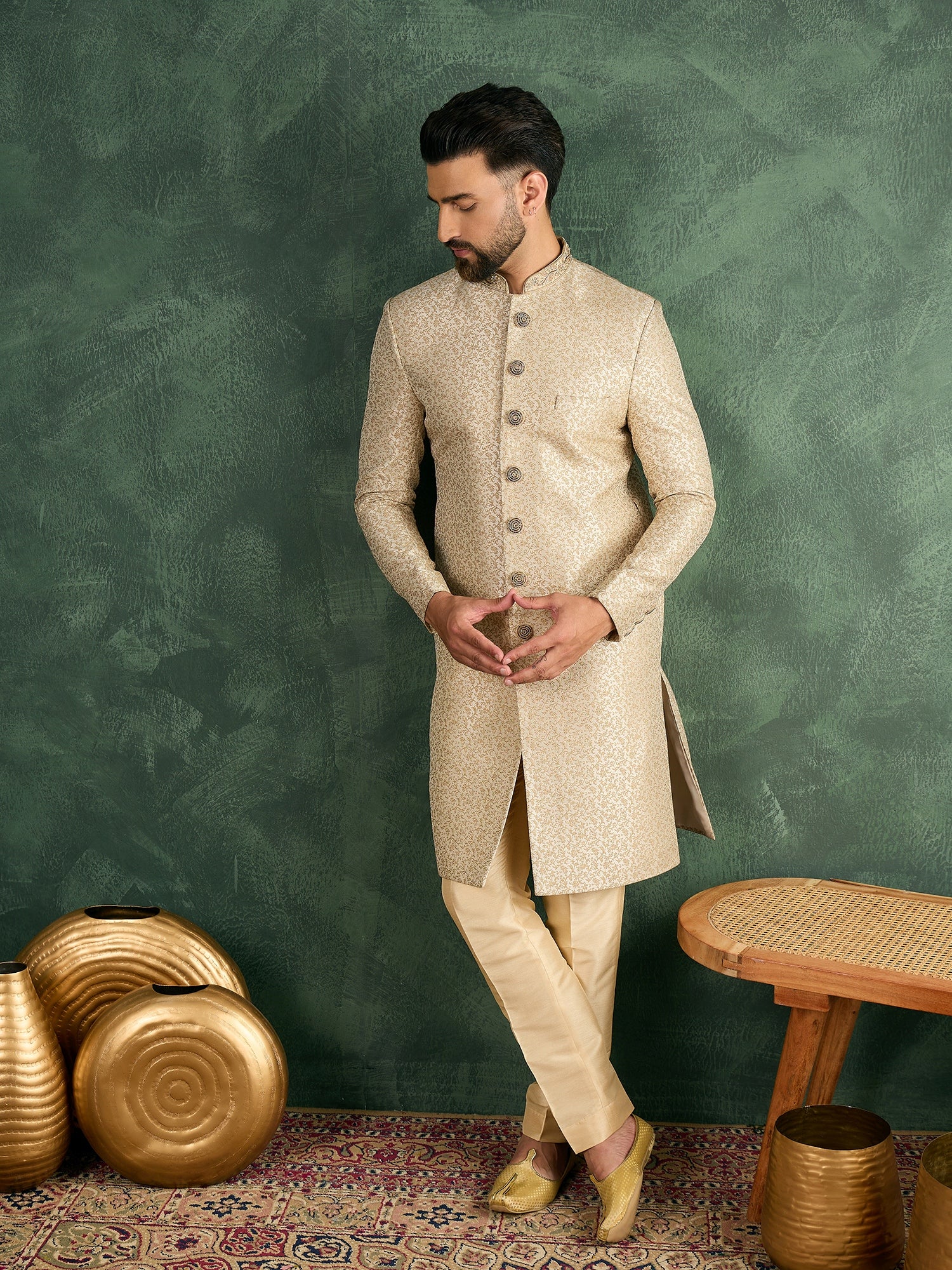 Men Cream Jaquard Sherwani Set