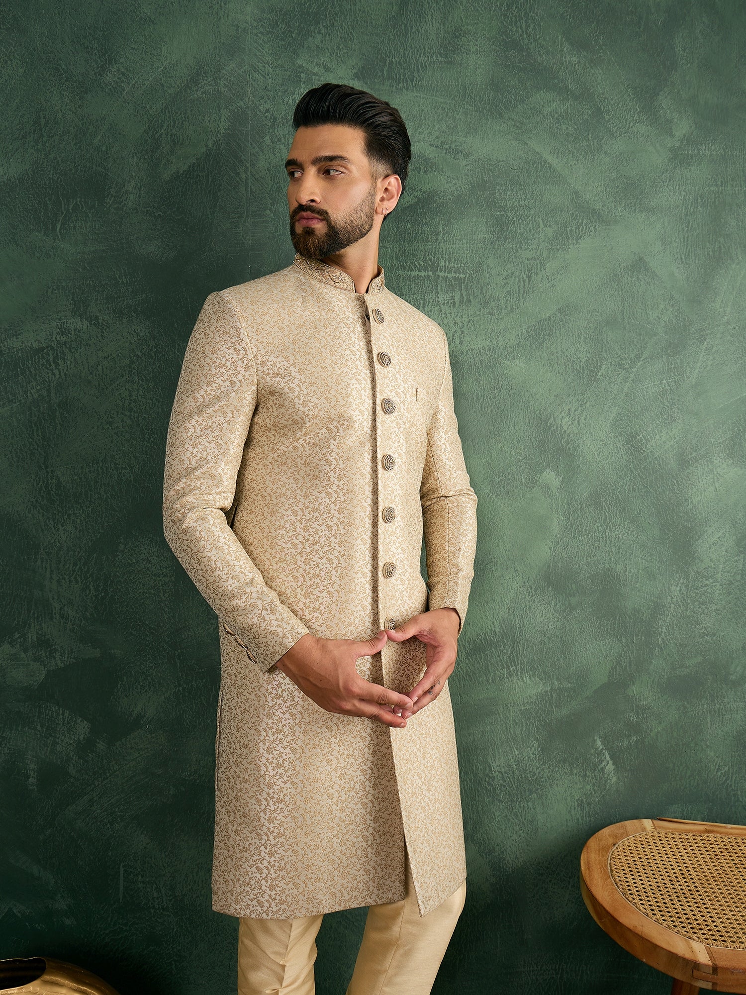 Men Cream Jaquard Sherwani Set
