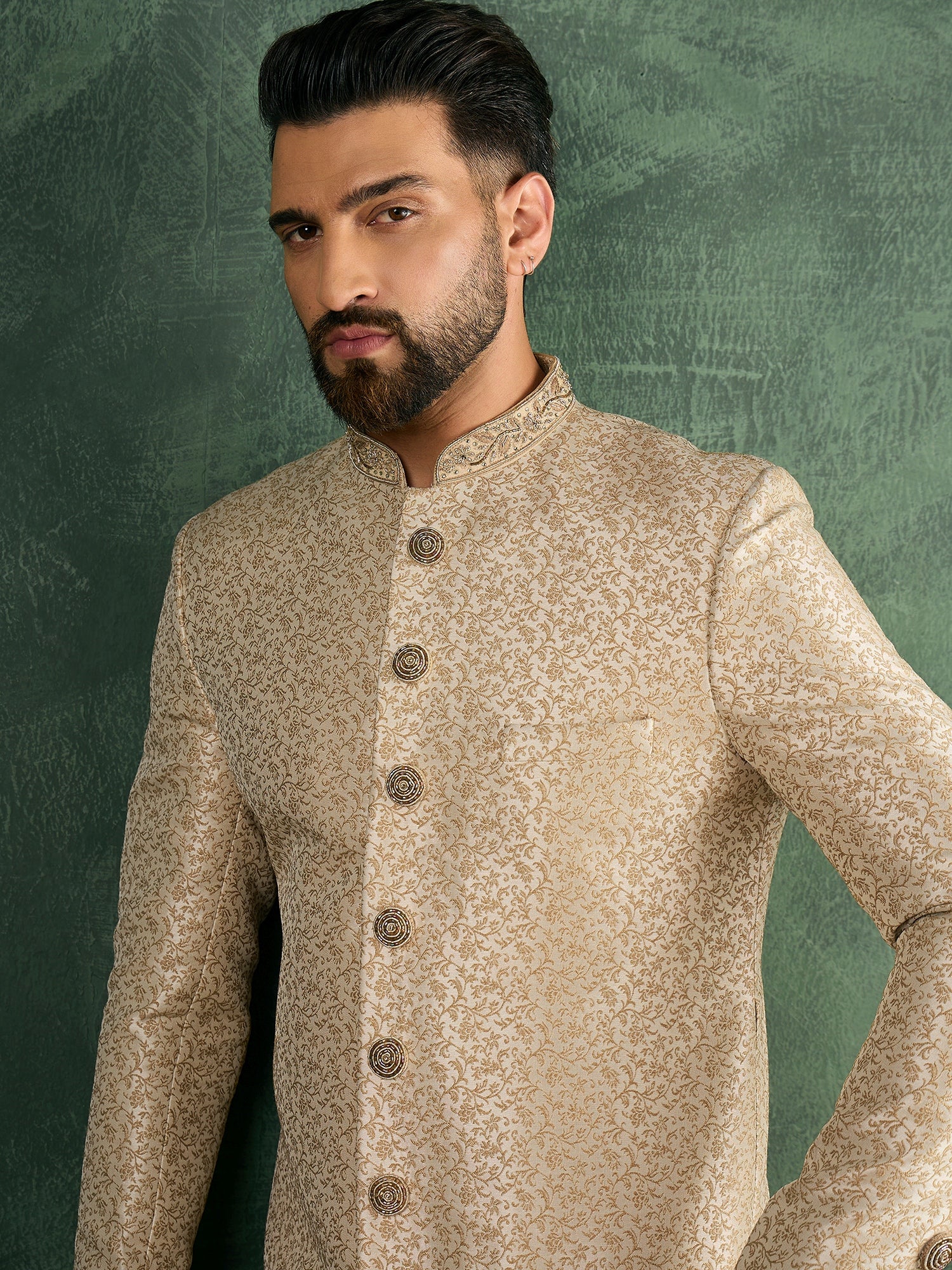 Men Cream Jaquard Sherwani Set