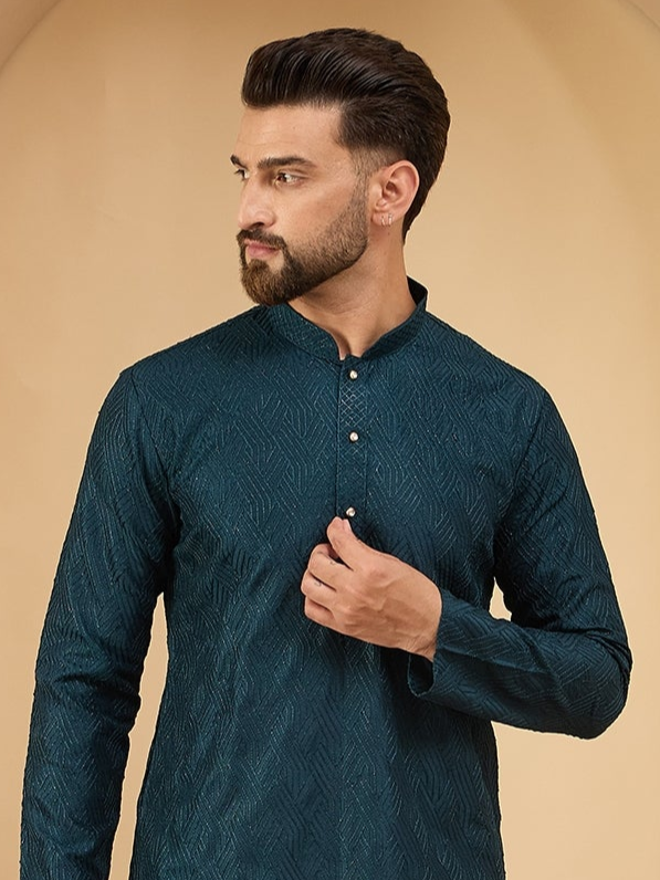 Men Teal Green Embroidered Kurta Trouser Set