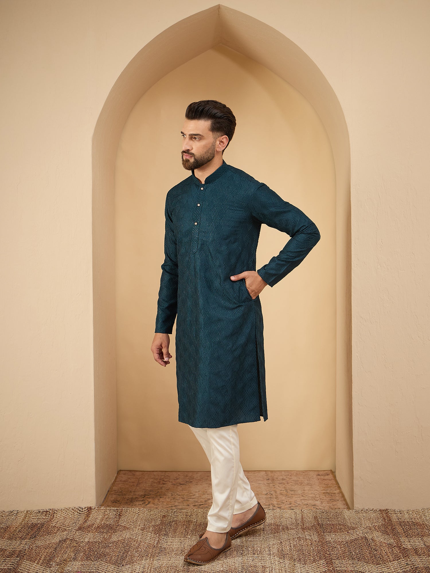 Men Teal Green Embroidered Kurta Trouser Set