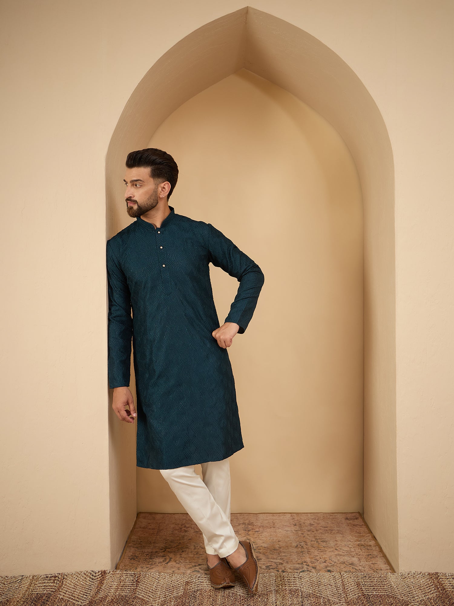 Men Teal Green Embroidered Kurta Trouser Set