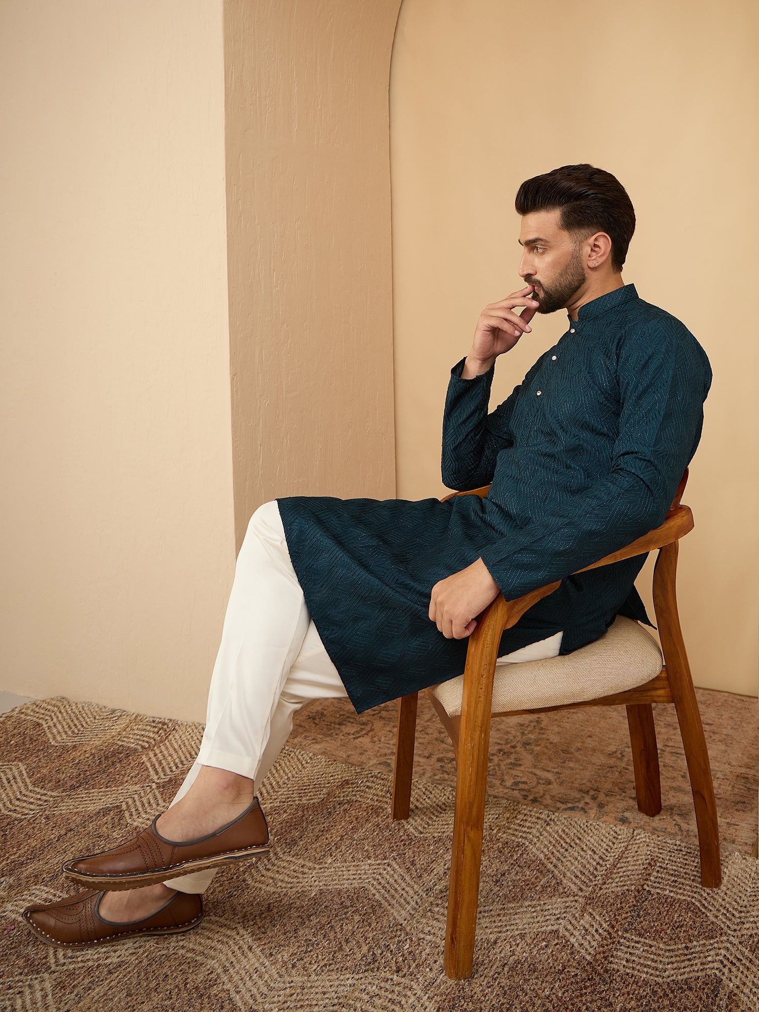 Men Teal Green Embroidered Kurta Trouser Set