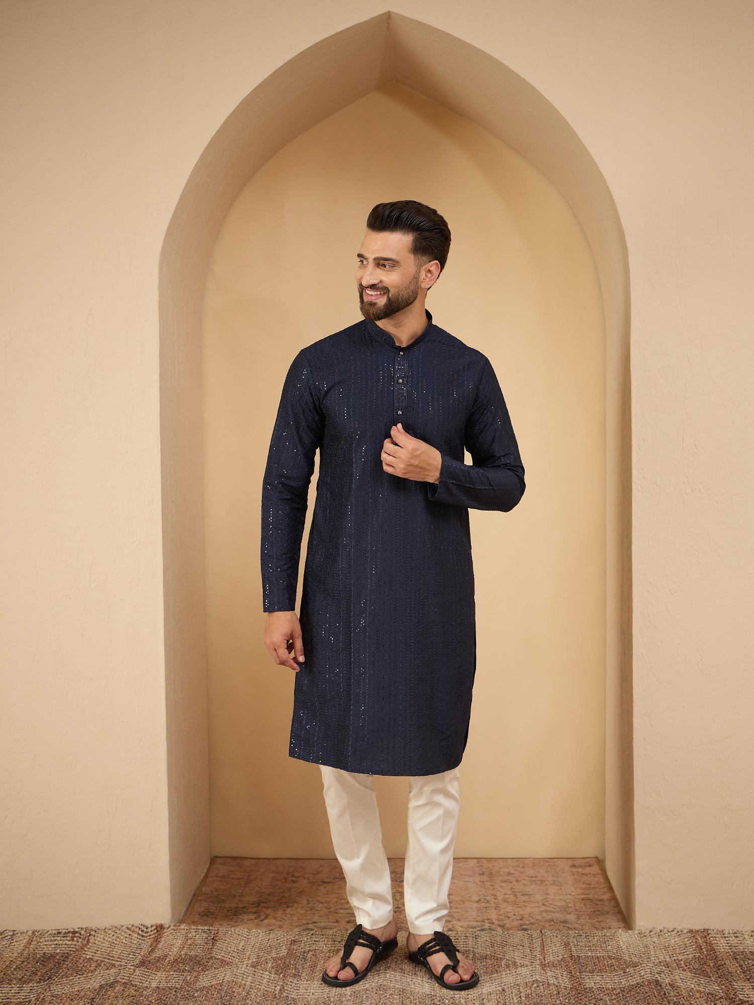 Men Dark Grey Lucknowi Sequinze Kurta Trouser Set