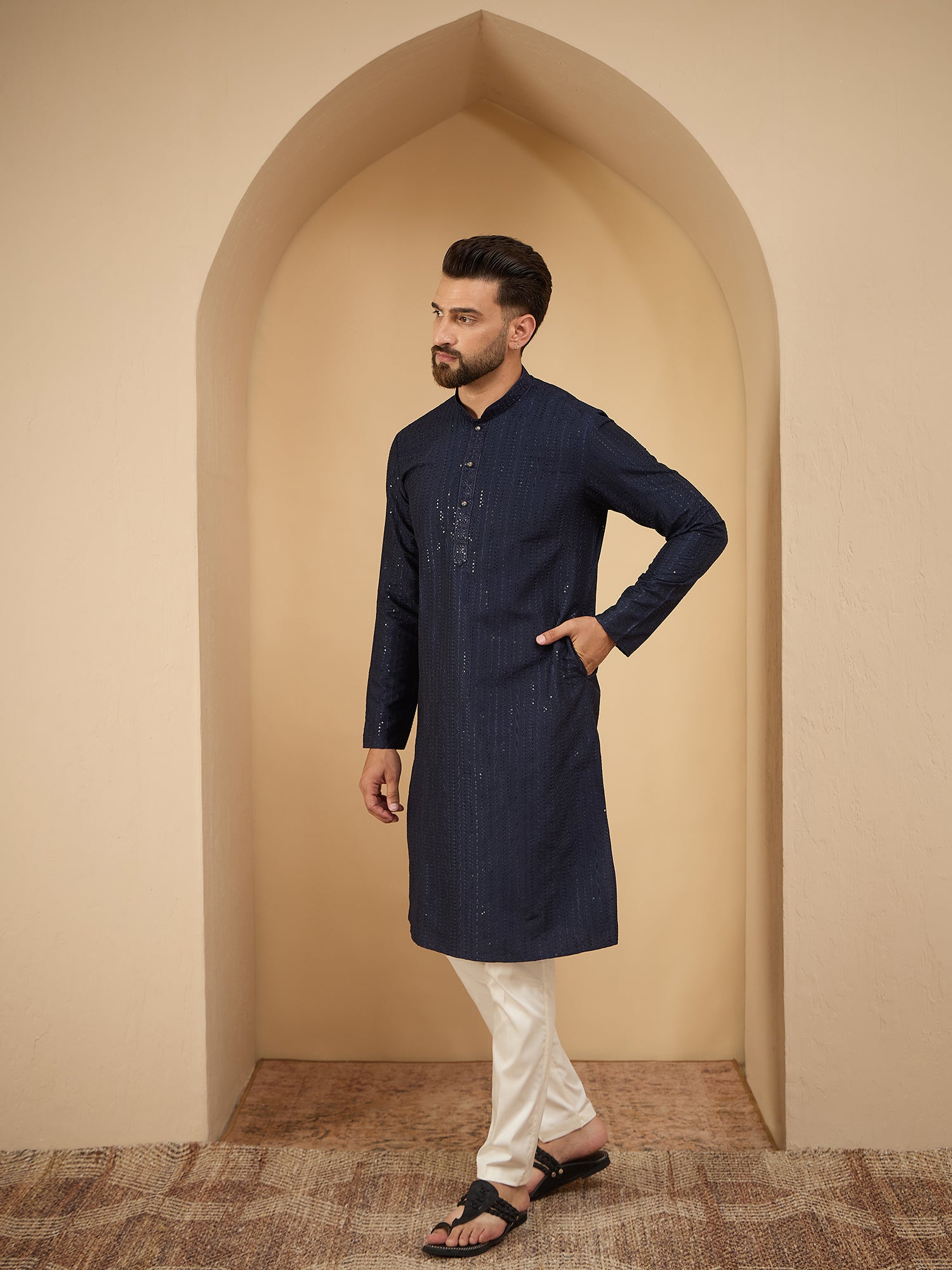 Men Dark Grey Lucknowi Sequinze Kurta Trouser Set