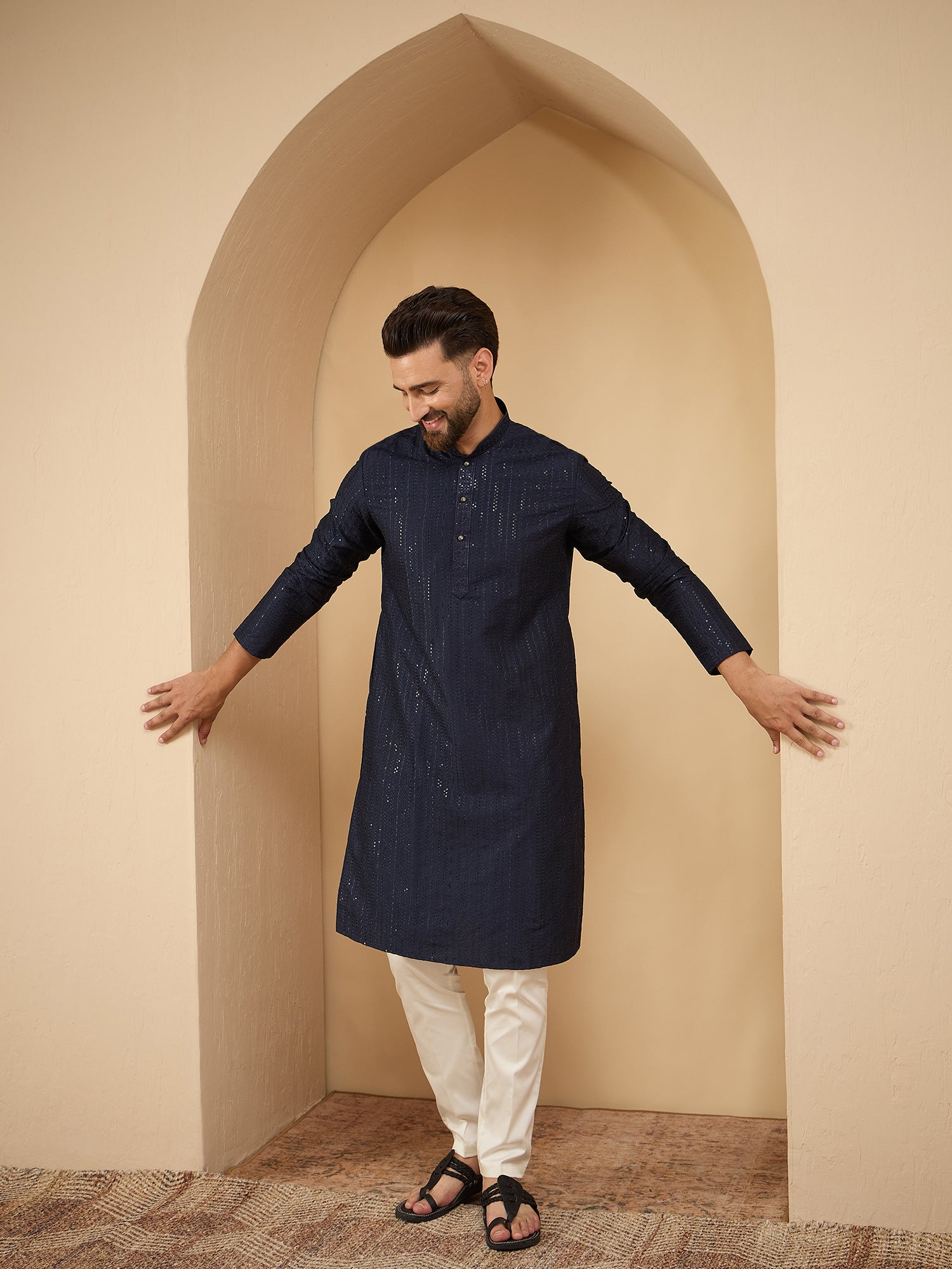 Men Dark Grey Lucknowi Sequinze Kurta Trouser Set