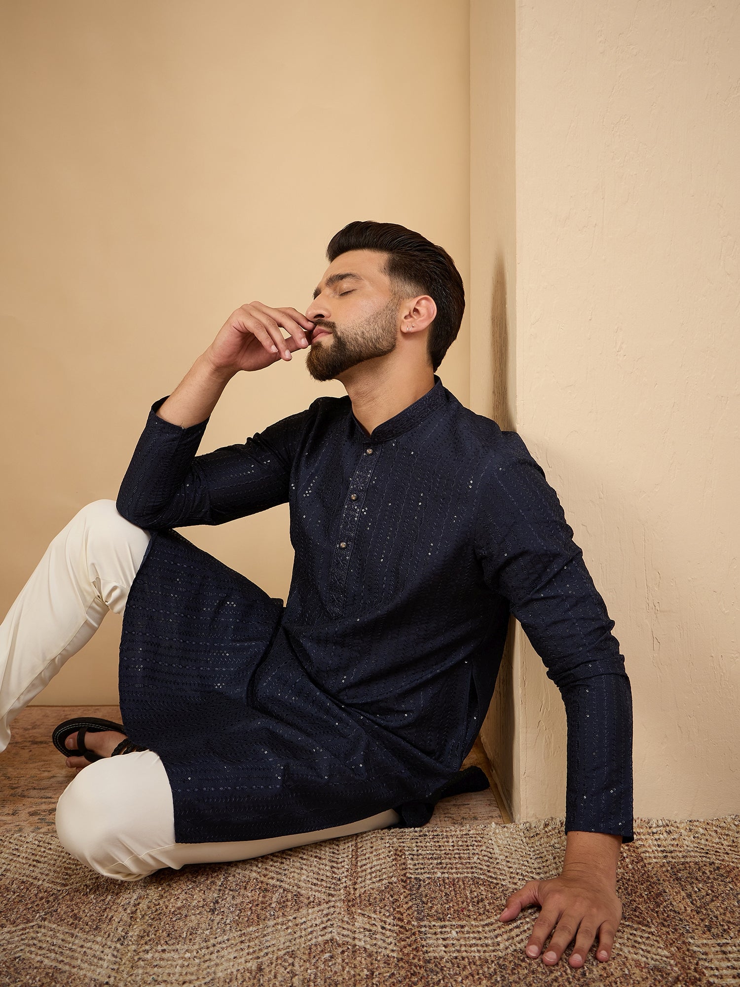 Men Dark Grey Lucknowi Sequinze Kurta Trouser Set