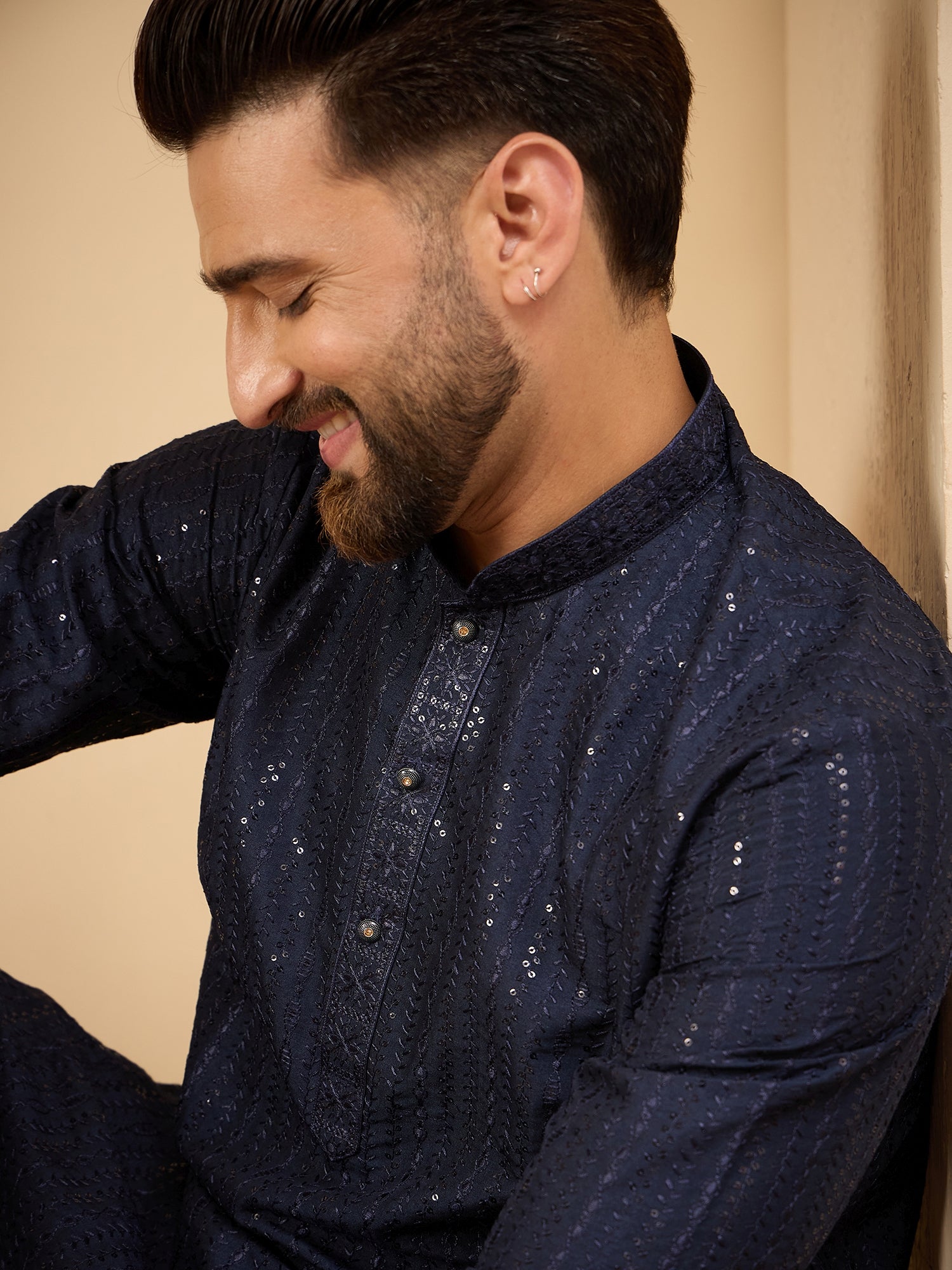 Men Dark Grey Lucknowi Sequinze Kurta Trouser Set