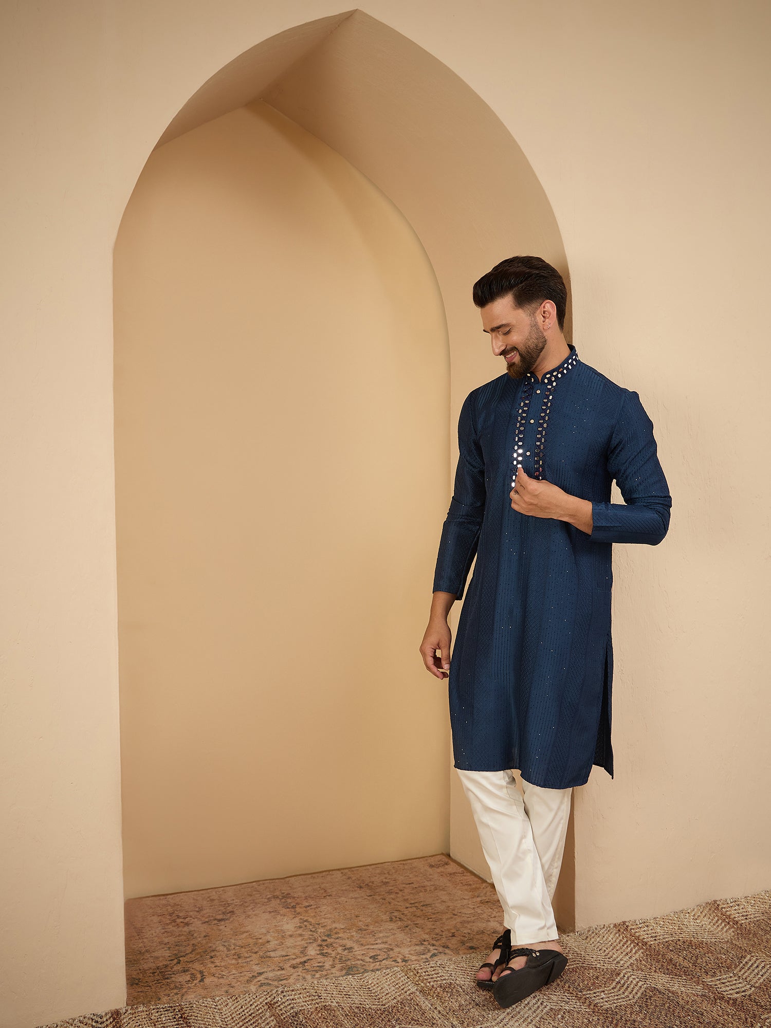 Navy Blue Sequinze Kurta With Mirror Work Set