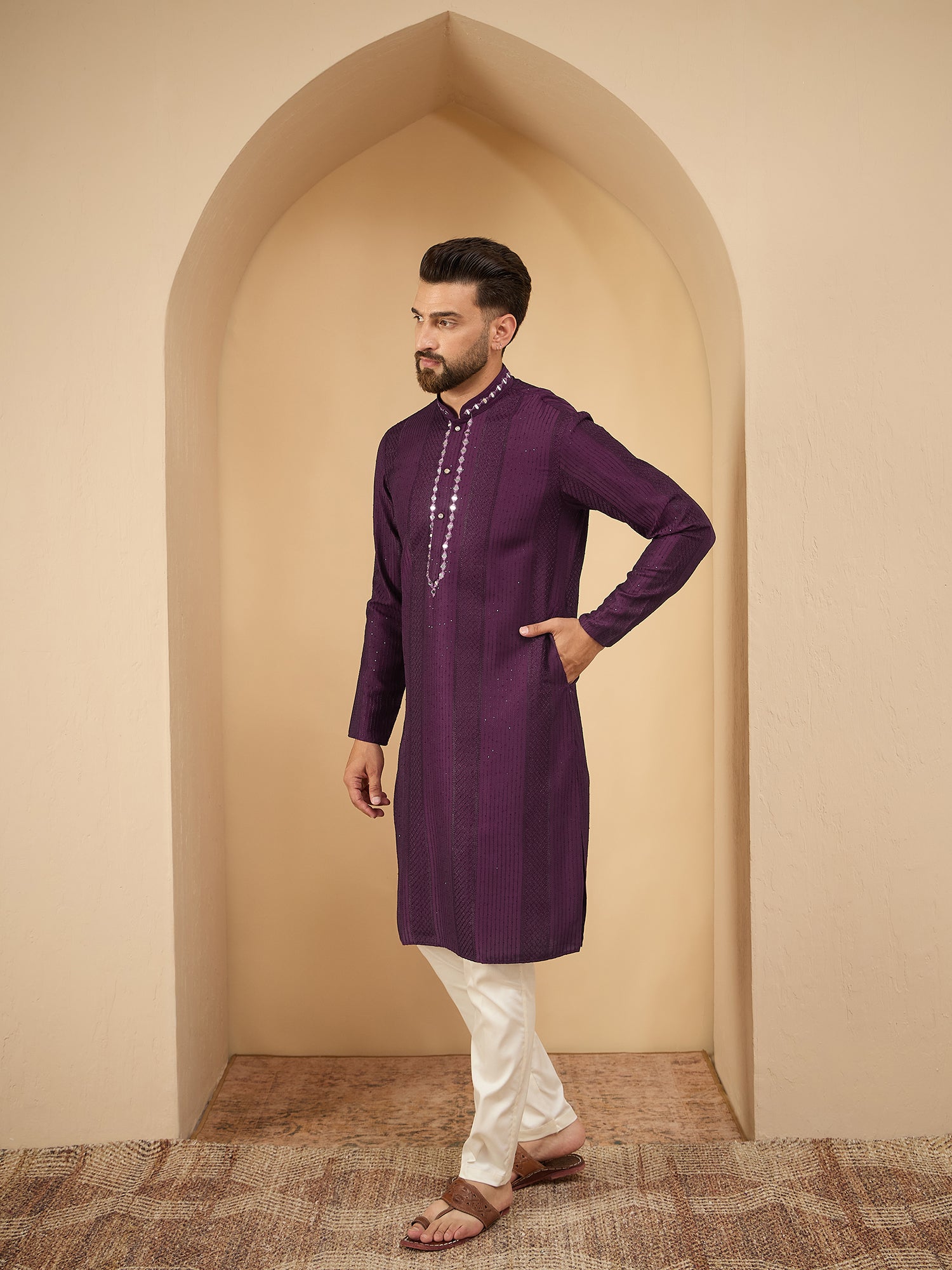 Men Sequinze Purple with Mirror Work Kurta Trouser Set