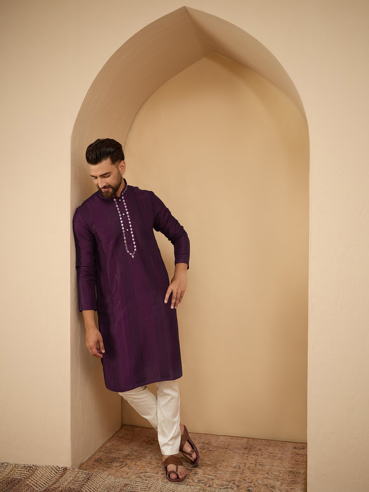 Men Sequinze Purple with Mirror Work Kurta Trouser Set