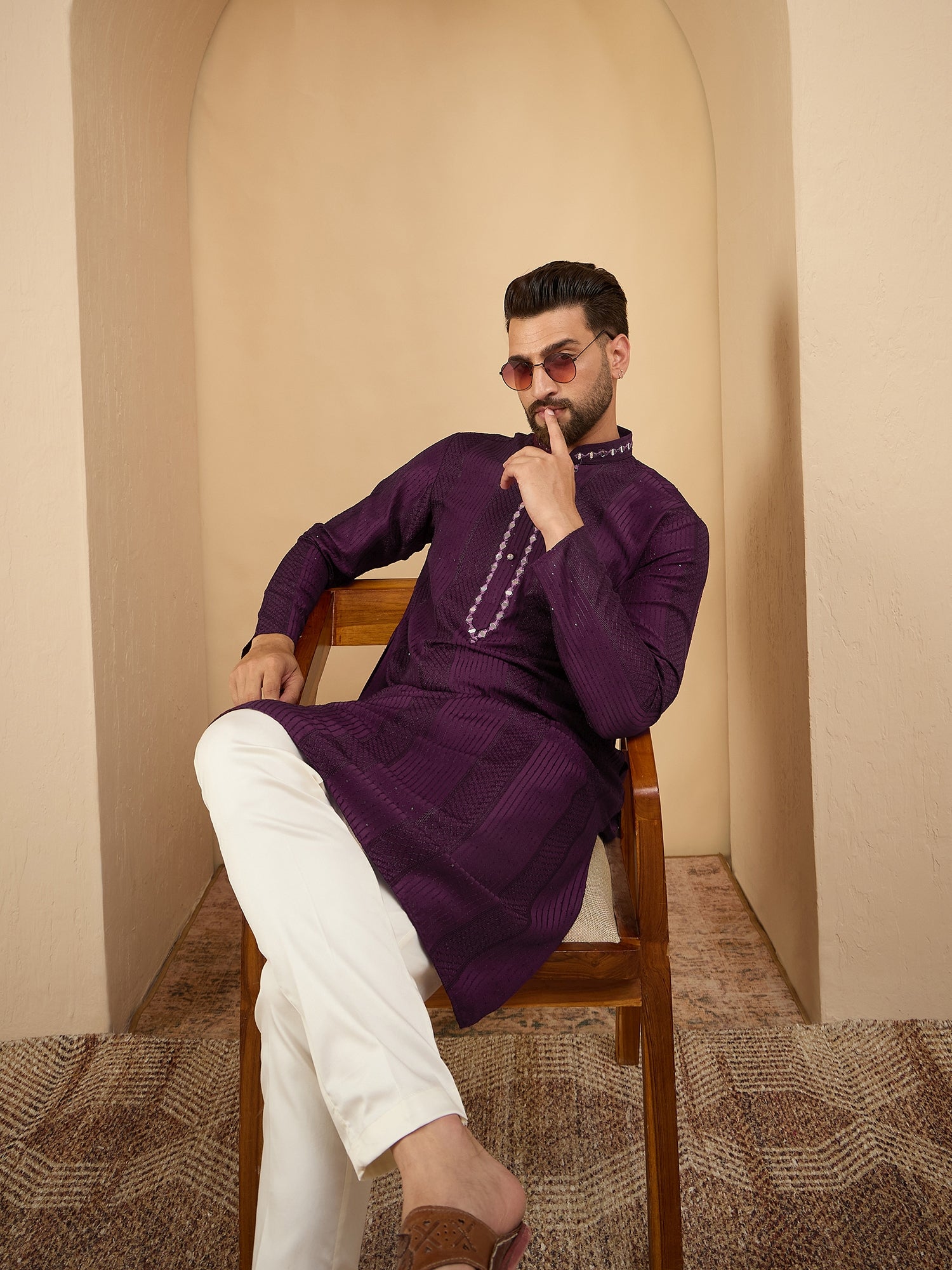 Men Sequinze Purple with Mirror Work Kurta Trouser Set