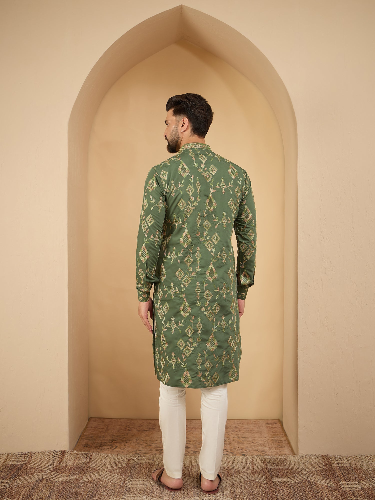 Men Green Embroidered Kurta Trouser Set
