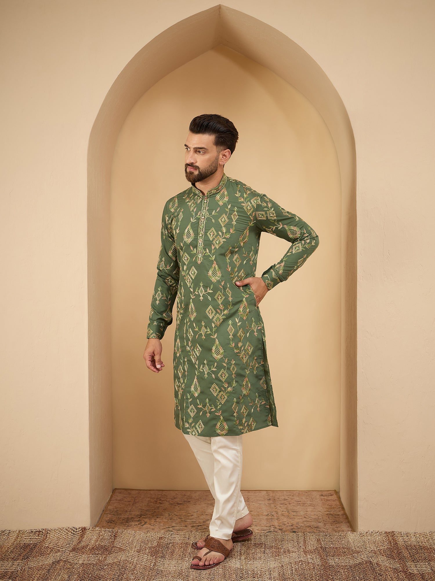Men Green Embroidered Kurta Trouser Set