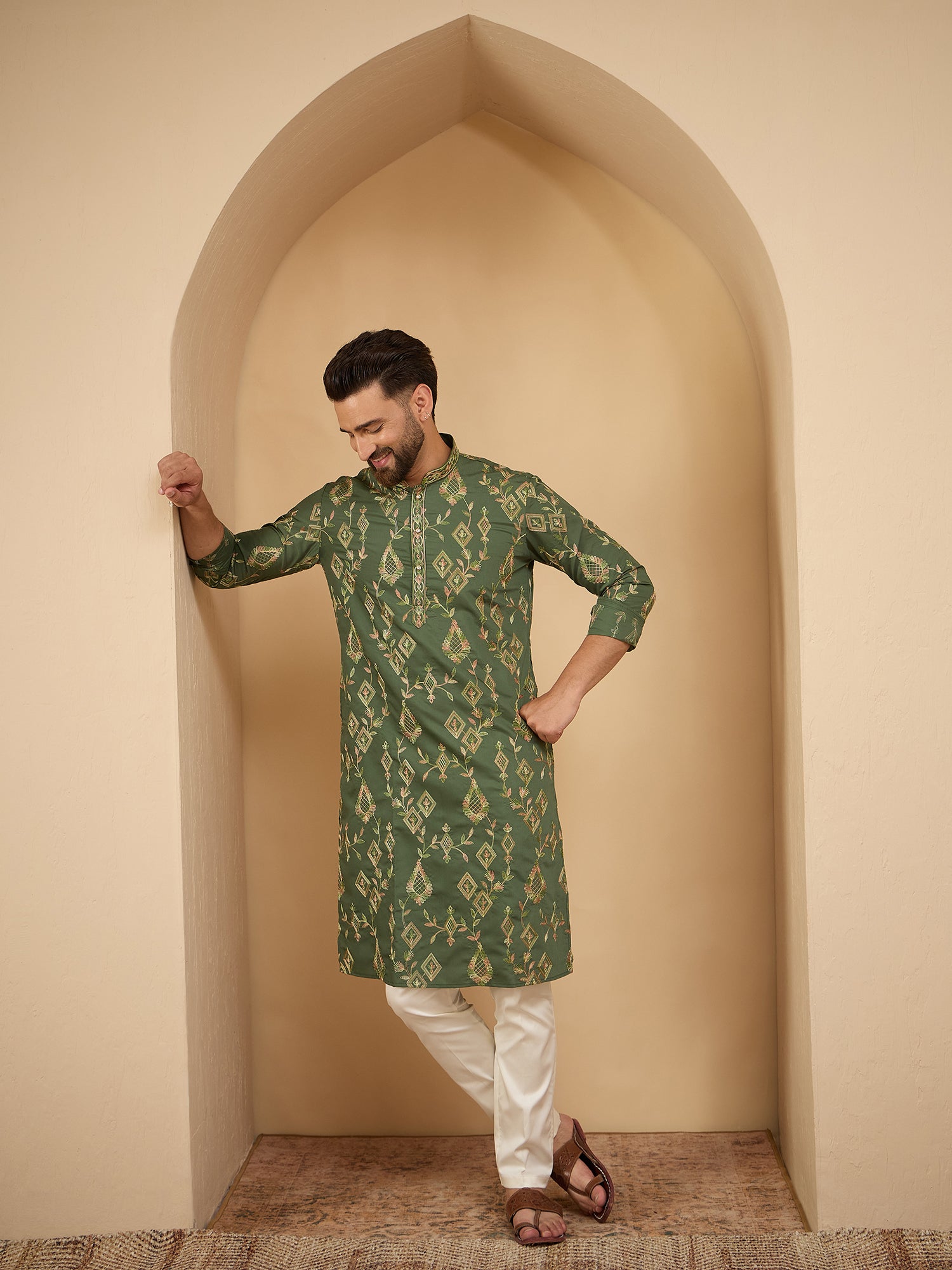 Men Green Embroidered Kurta Trouser Set