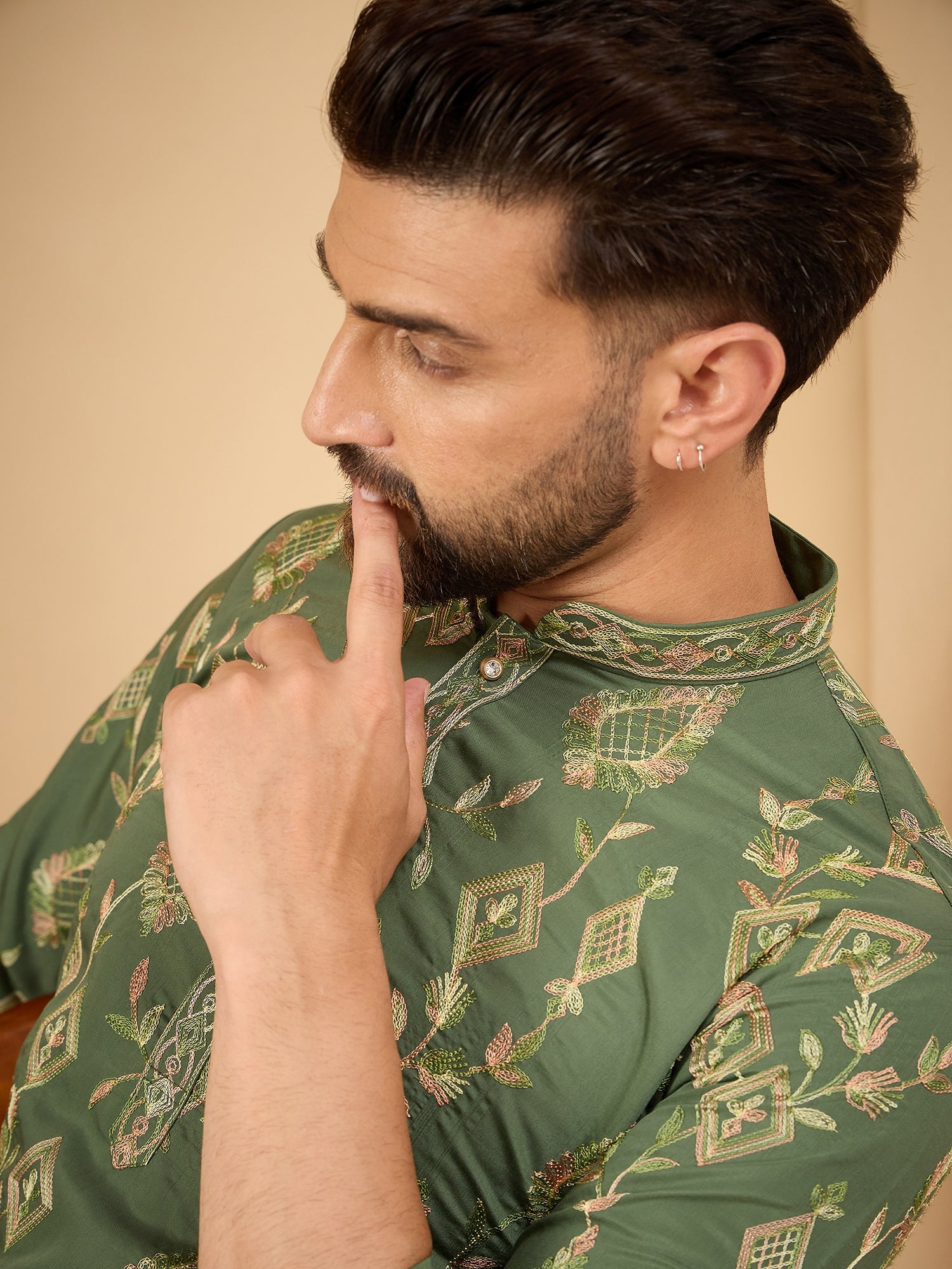 Men Green Embroidered Kurta Trouser Set