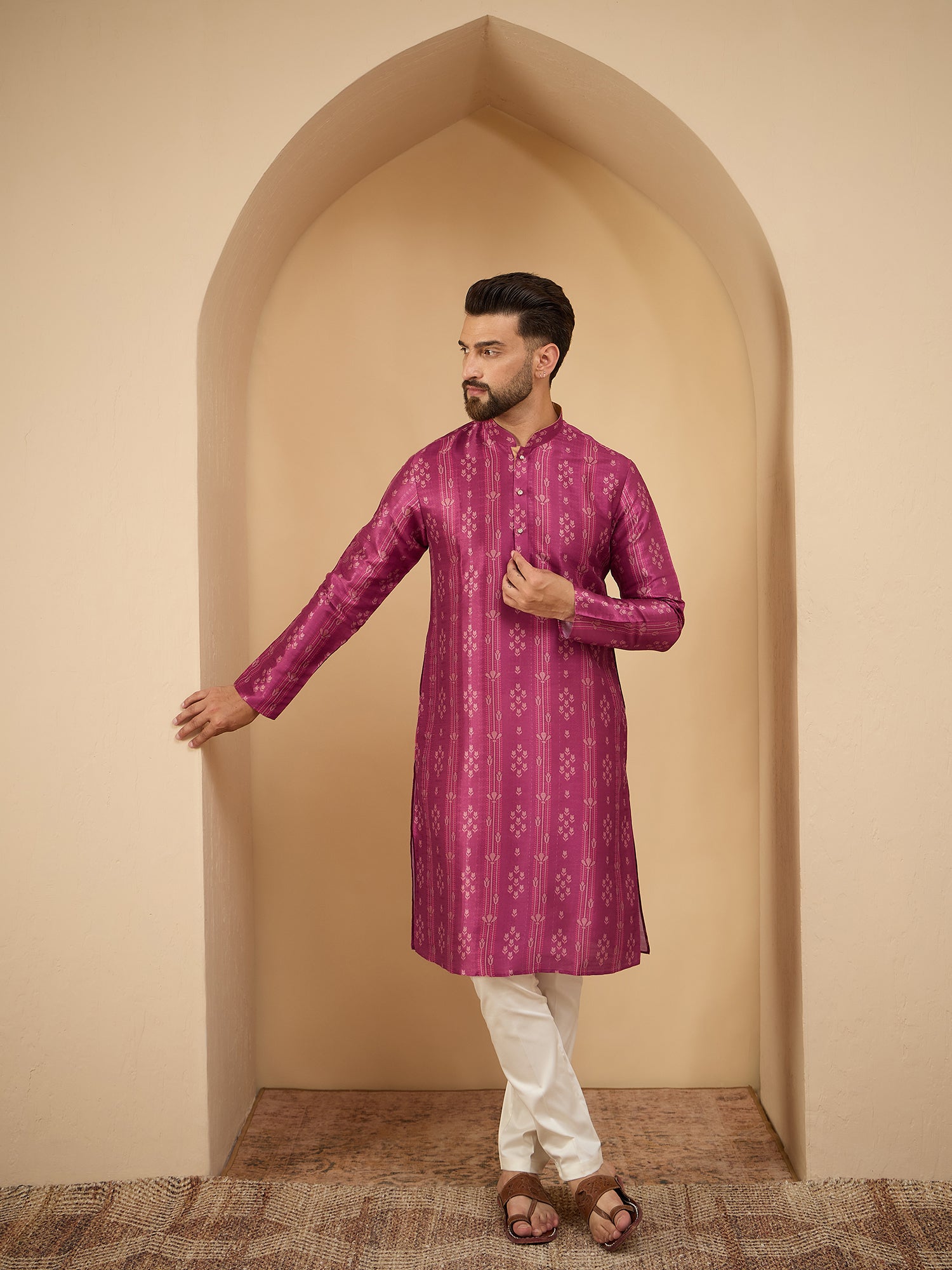 Men Purple Printed Kurta Trouser Set