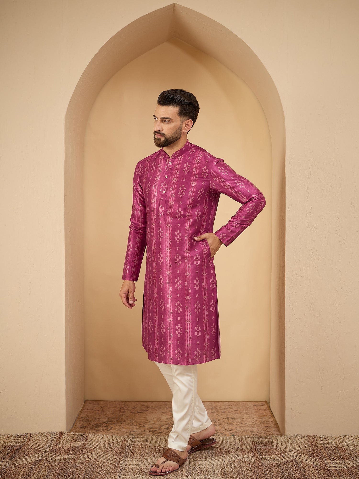 Men Purple Printed Kurta Trouser Set