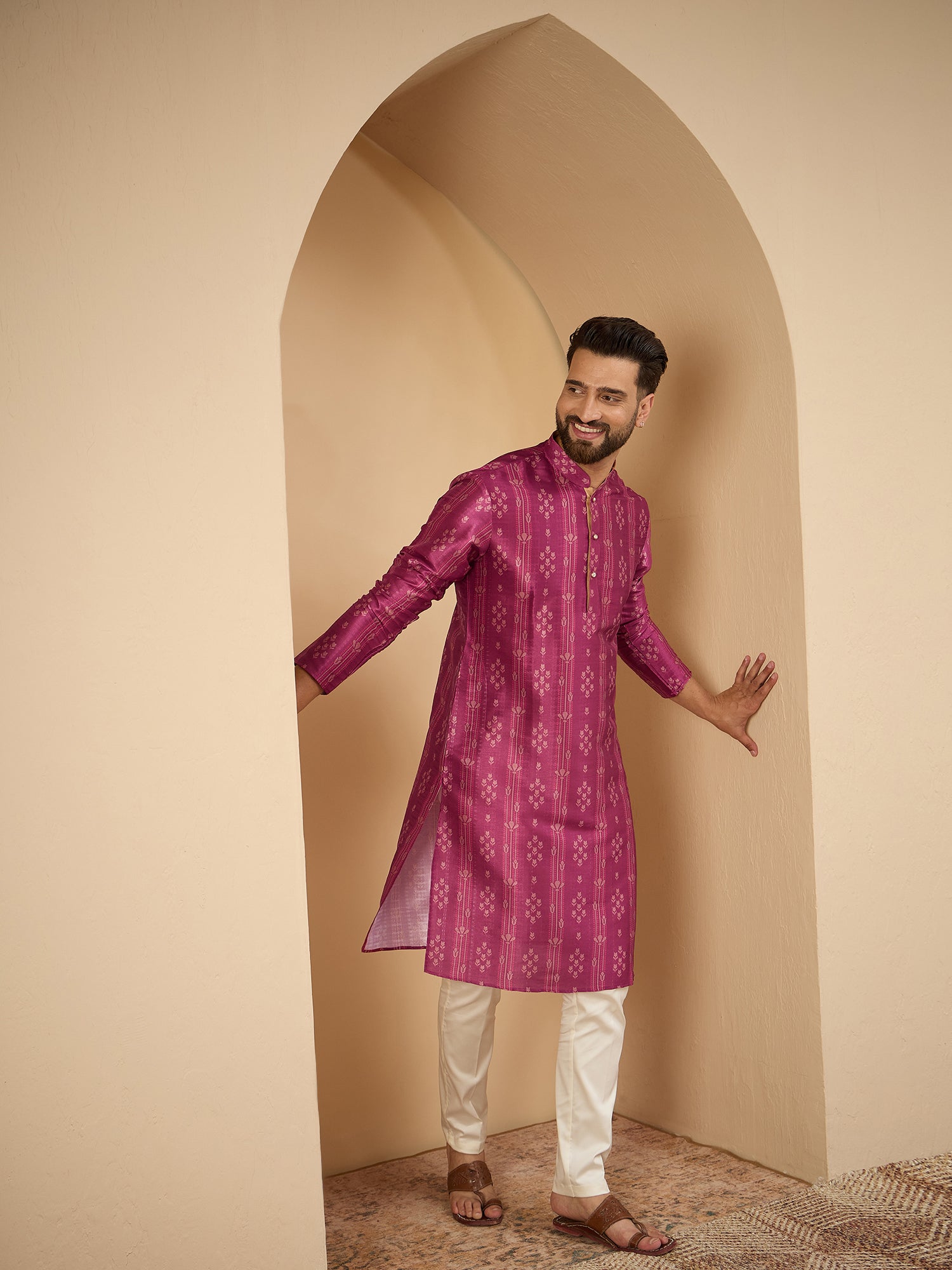 Men Purple Printed Kurta Trouser Set