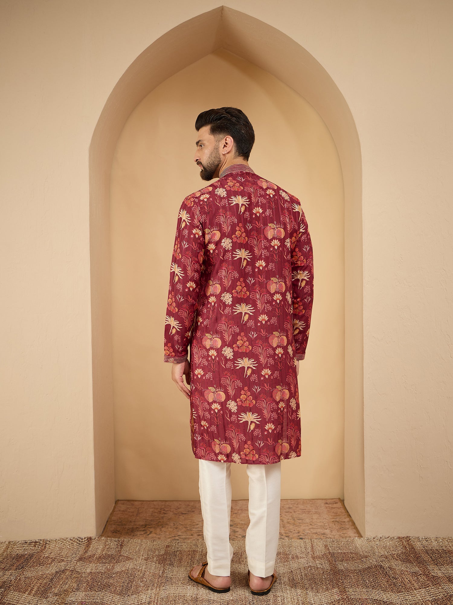 Maroon Printed Silk Kurta With Pintex Design