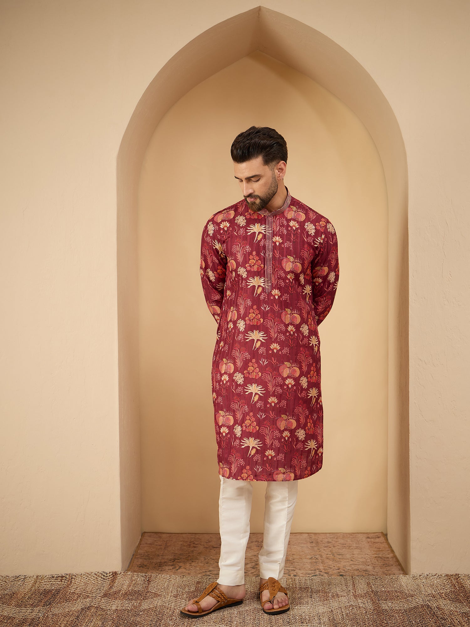 Maroon Printed Silk Kurta With Pintex Design