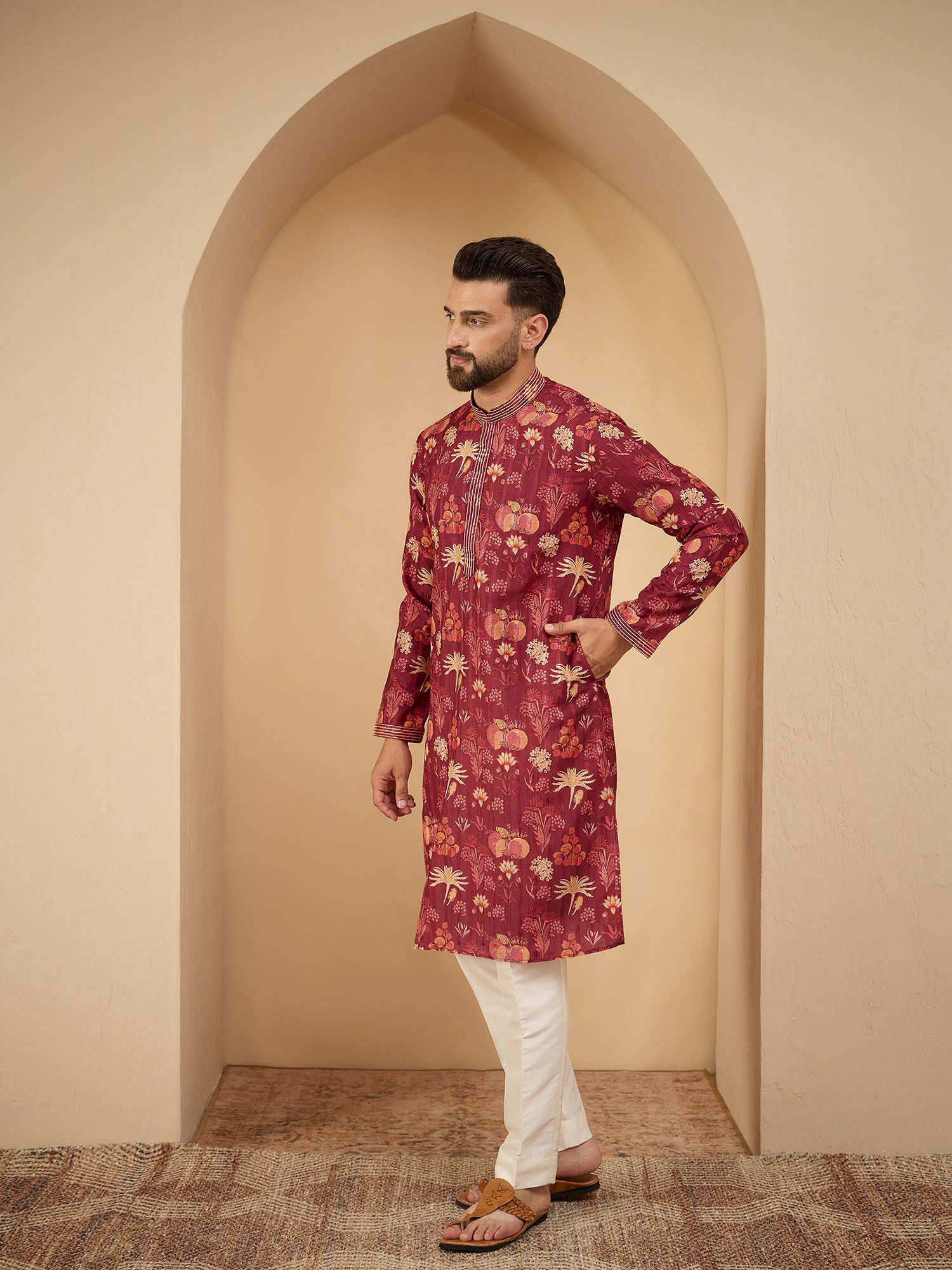 Maroon Printed Silk Kurta With Pintex Design