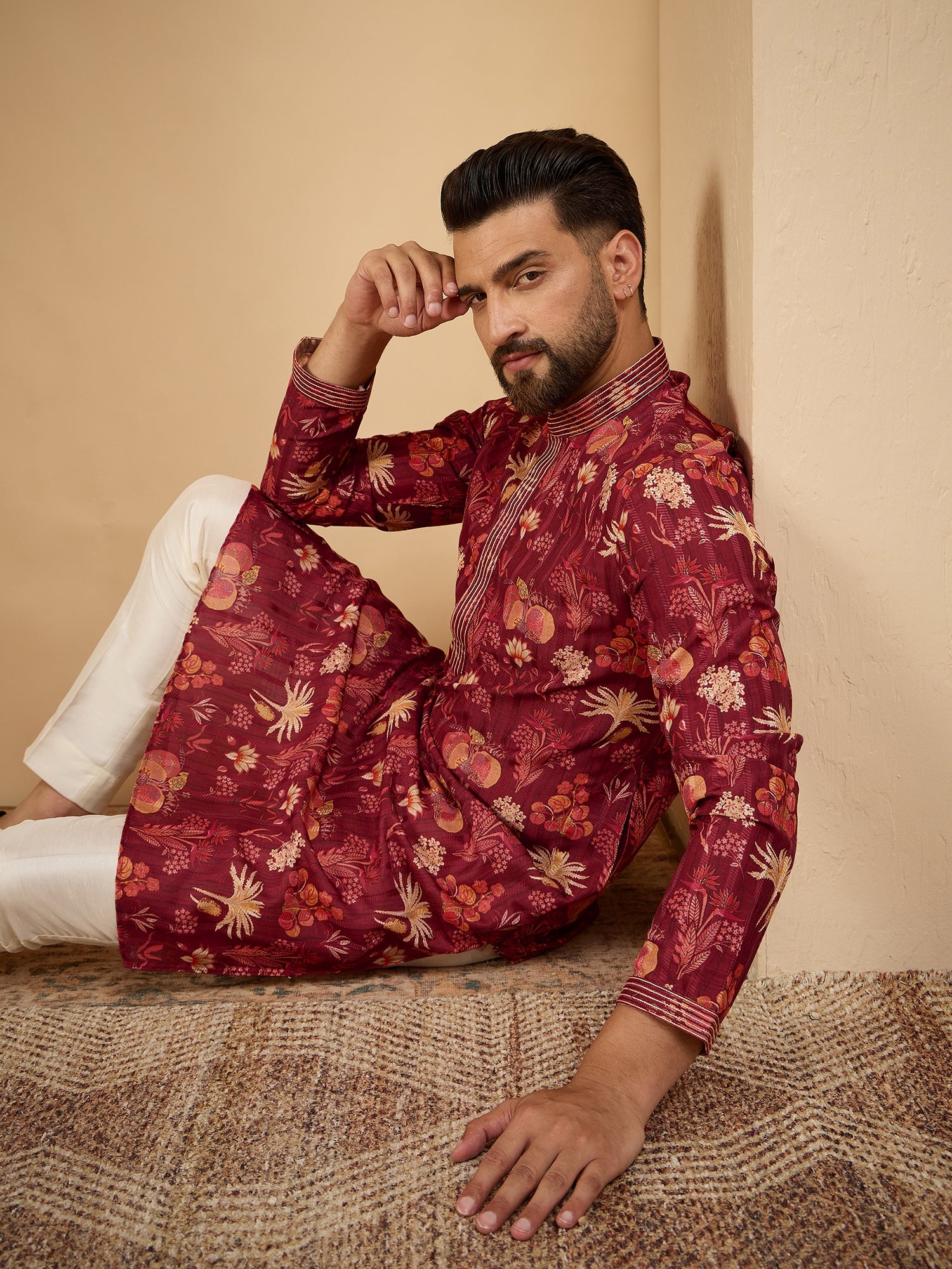 Maroon Printed Silk Kurta With Pintex Design