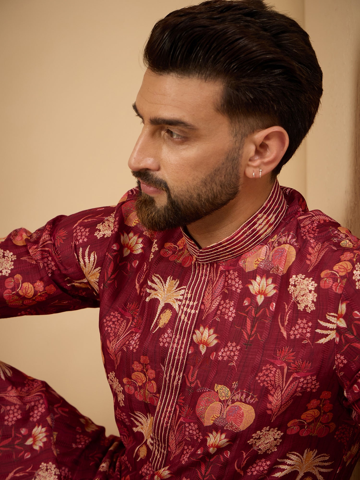 Maroon Printed Silk Kurta With Pintex Design