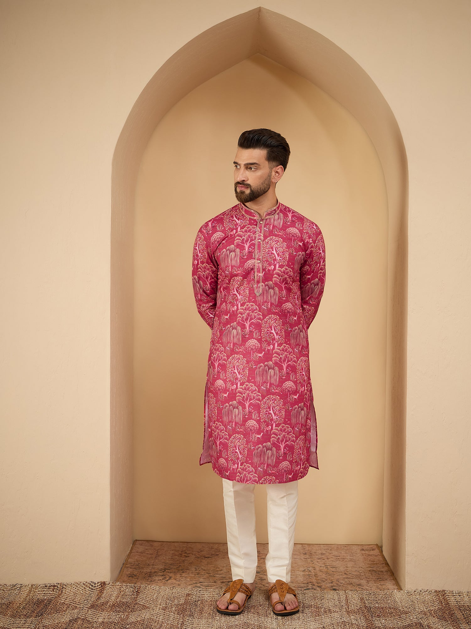 Men Pink Printed Pintex Kurta Trouser set