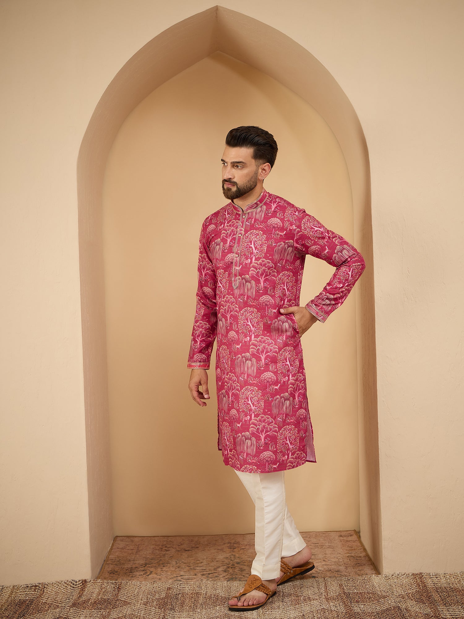 Men Pink Printed Pintex Kurta Trouser Set