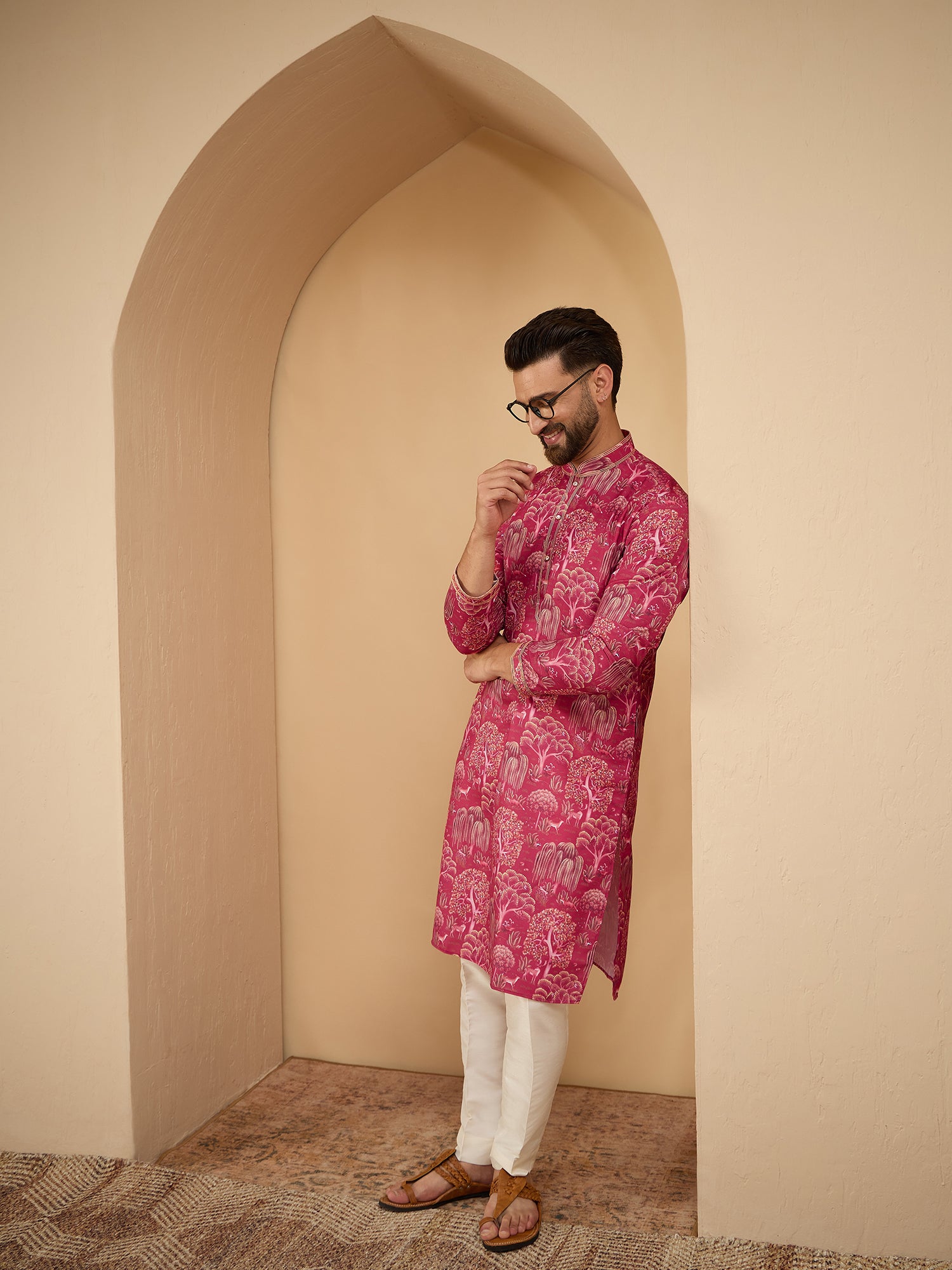 Men Pink Printed Pintex Kurta Trouser Set