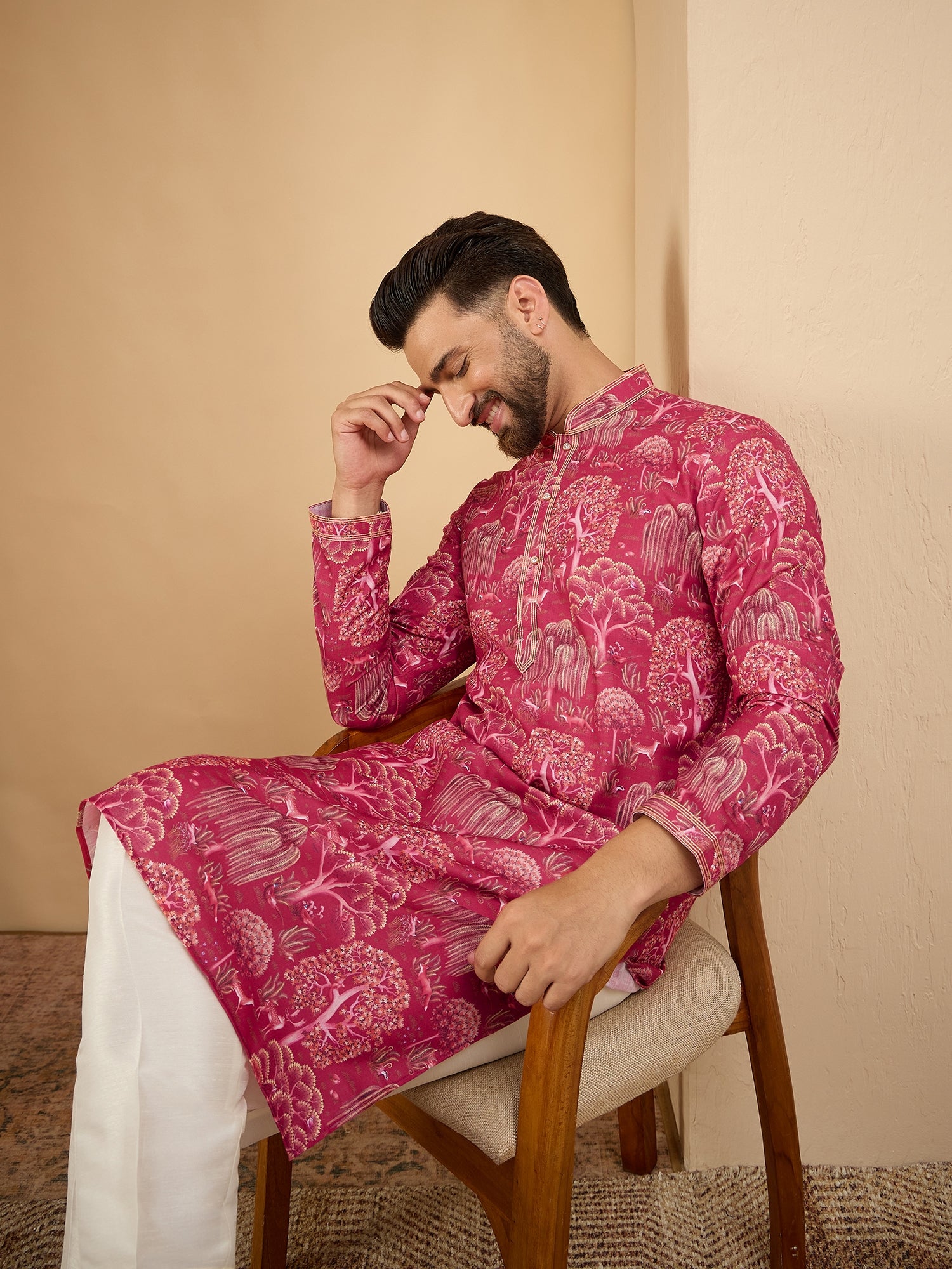 Men Pink Printed Pintex Kurta Trouser set