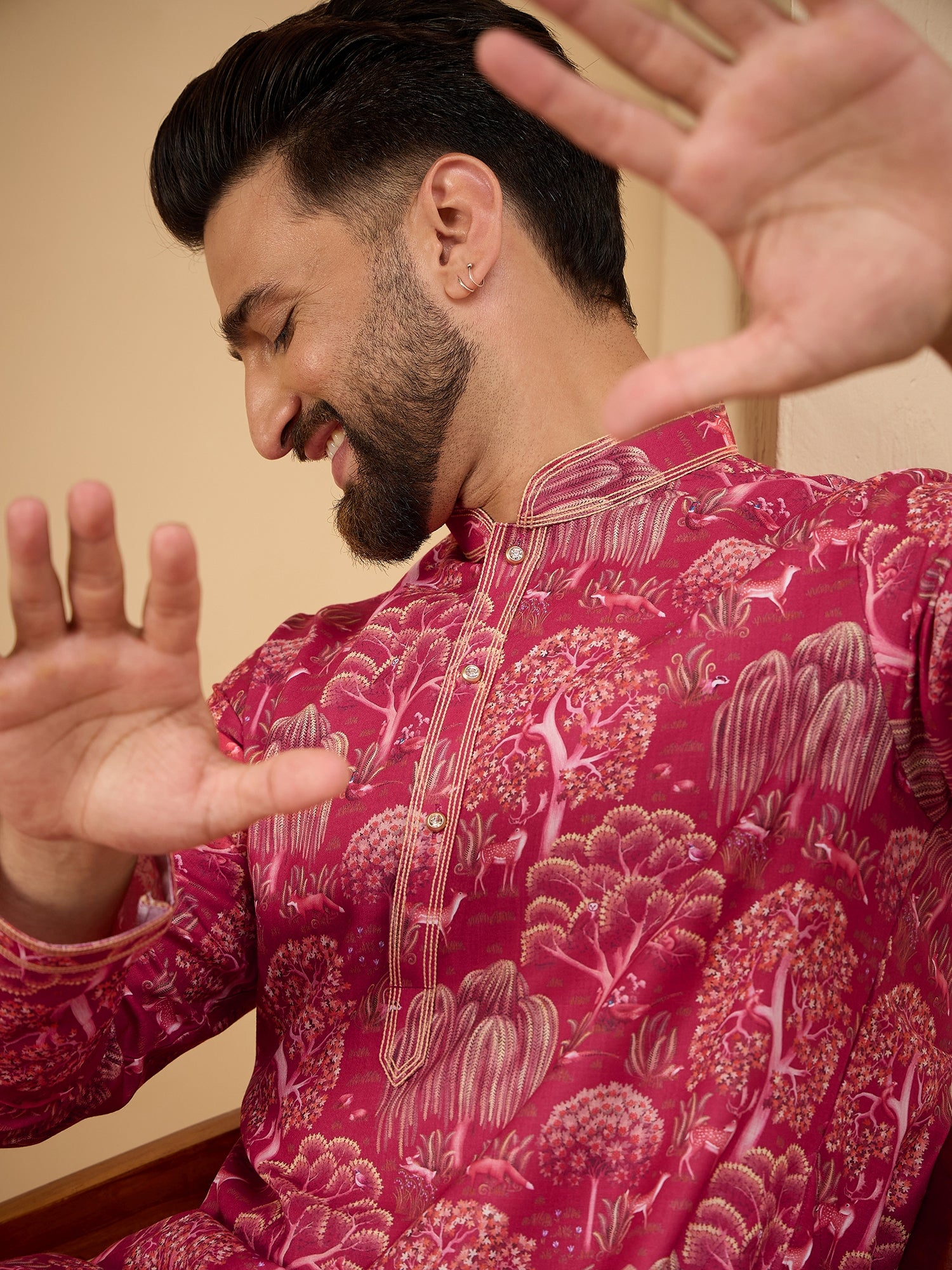 Men Pink Printed Pintex Kurta Trouser Set