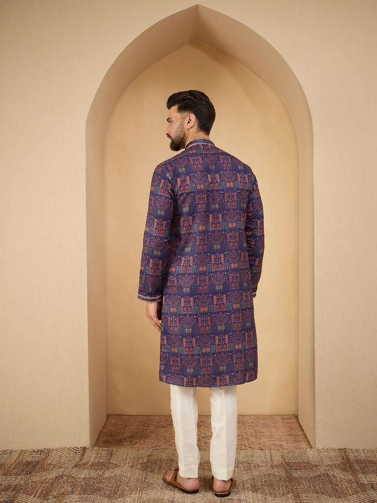 Men Blue Printed Pintex Kurta Trouser Set