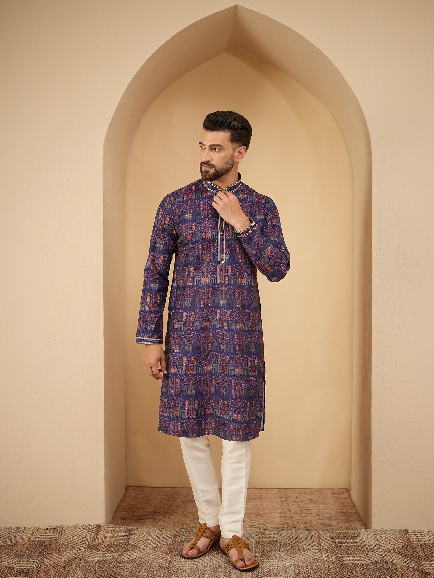 Men Blue Printed Pintex Kurta Trouser Set