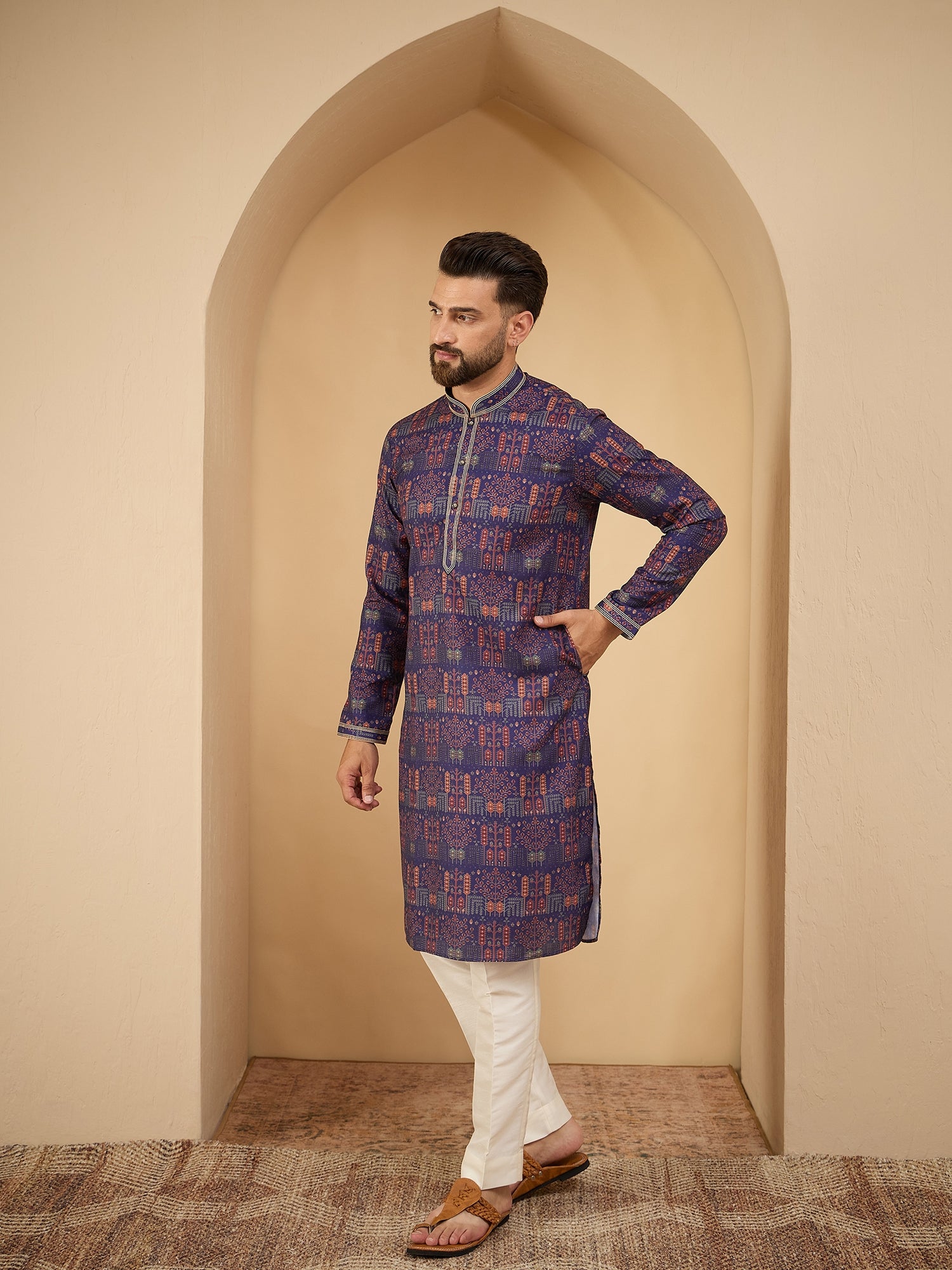 Men Blue Printed Pintex Kurta Trouser Set