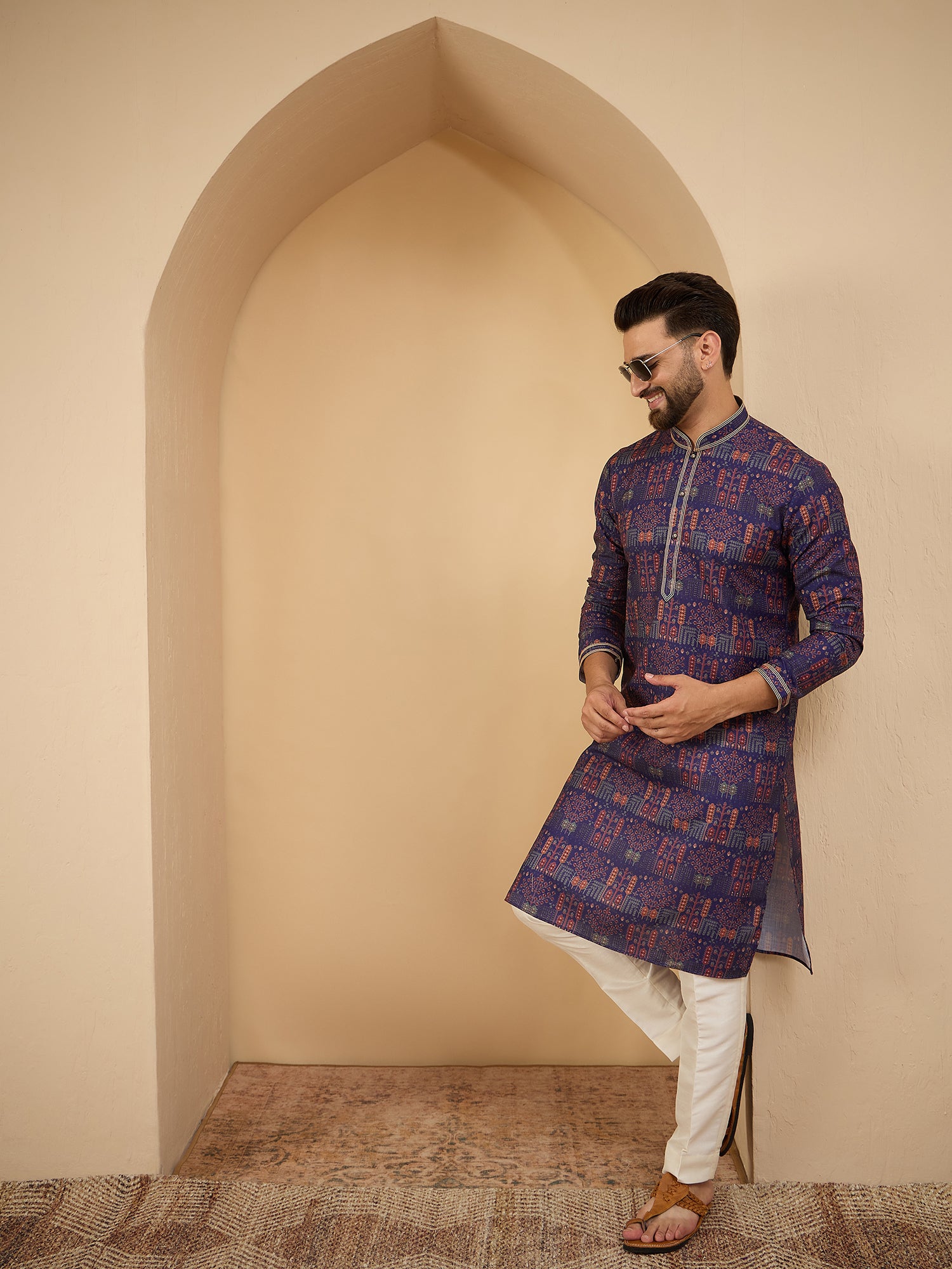 Men Blue Printed Pintex Kurta Trouser Set