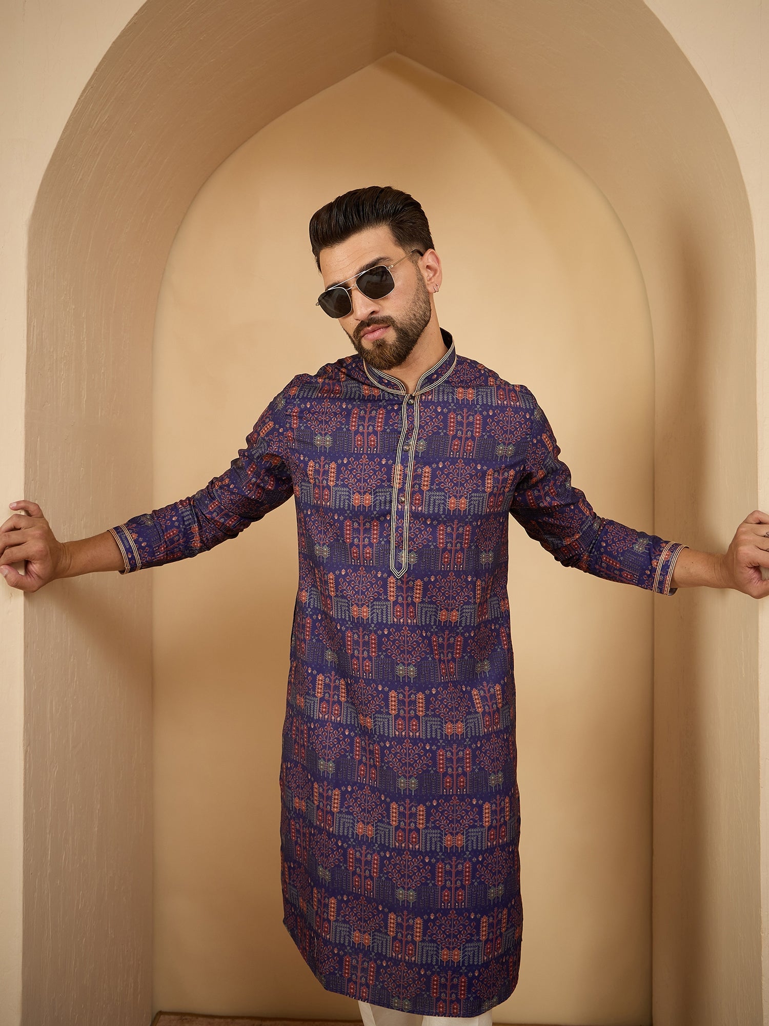Men Blue Printed Pintex Kurta Trouser Set