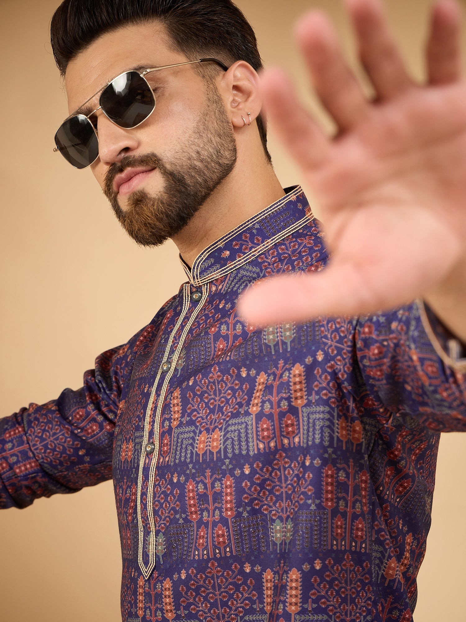 Men Blue Printed Pintex Kurta Trouser Set