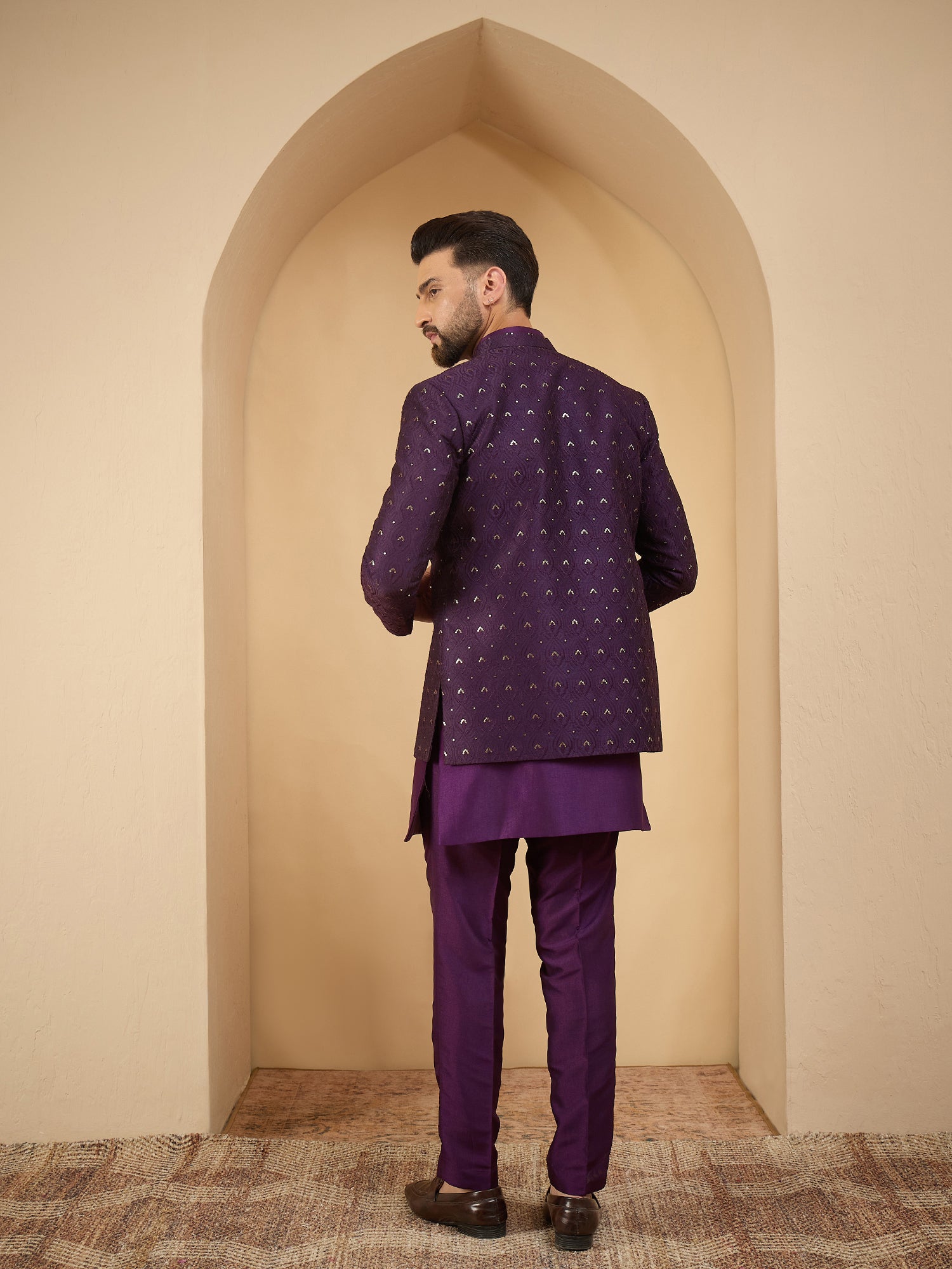 Men Purple Embroidered 3 Piece Indo Western Set